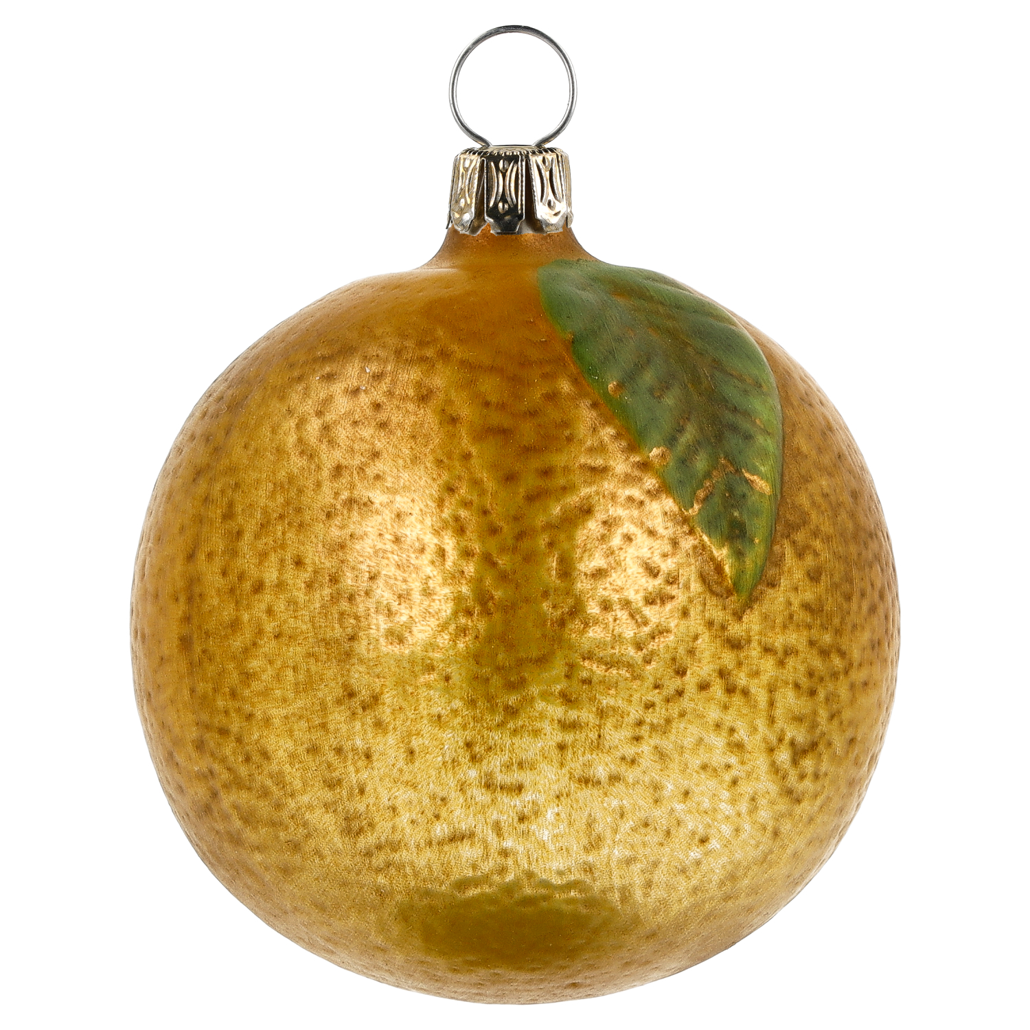 Goldene Glas-Orange als Baumschmuck mit grünem Blatt