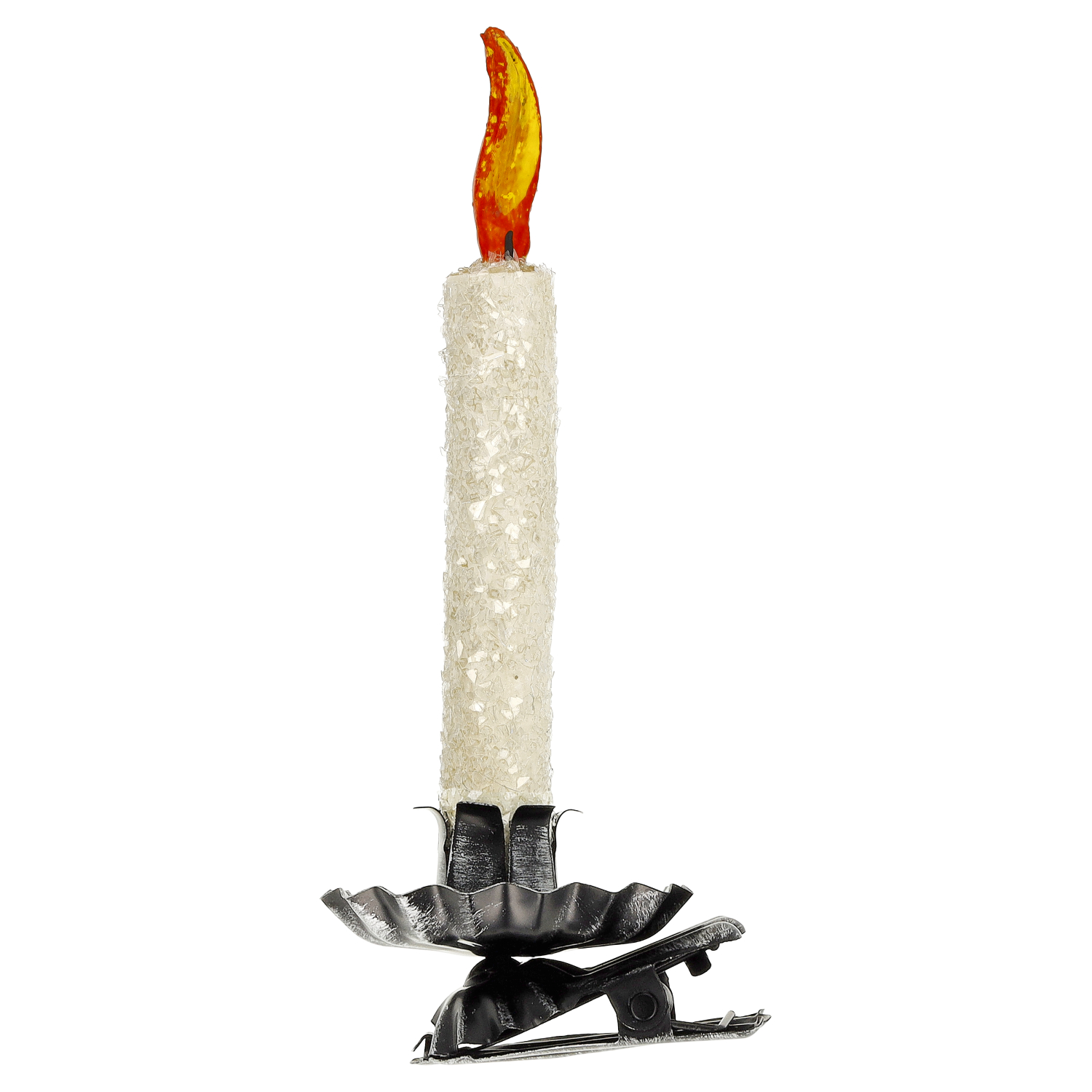 Weiße Christbaumkerze mit Cliphalter und Flamme