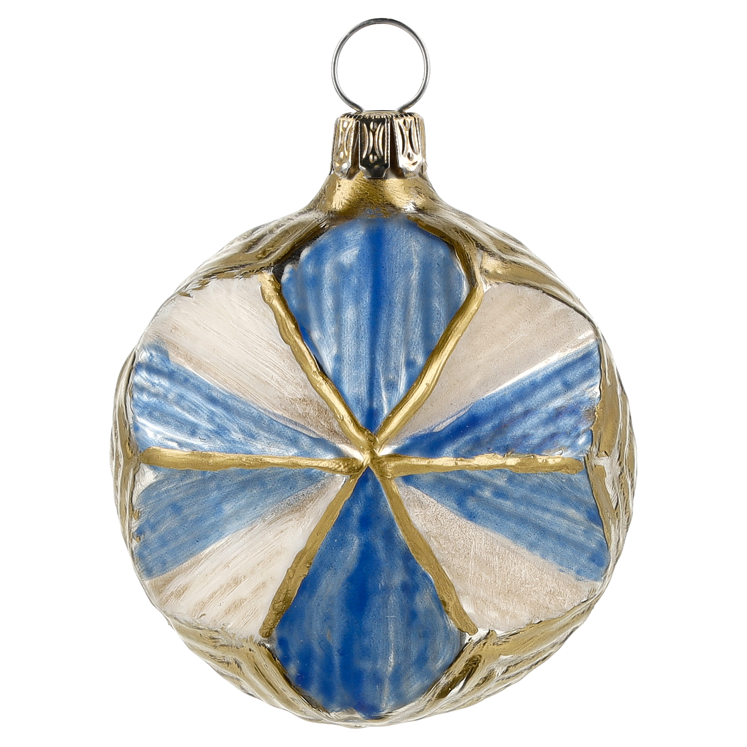 Handgefertigte Glas-Weihnachtskugel blau-gold, retro