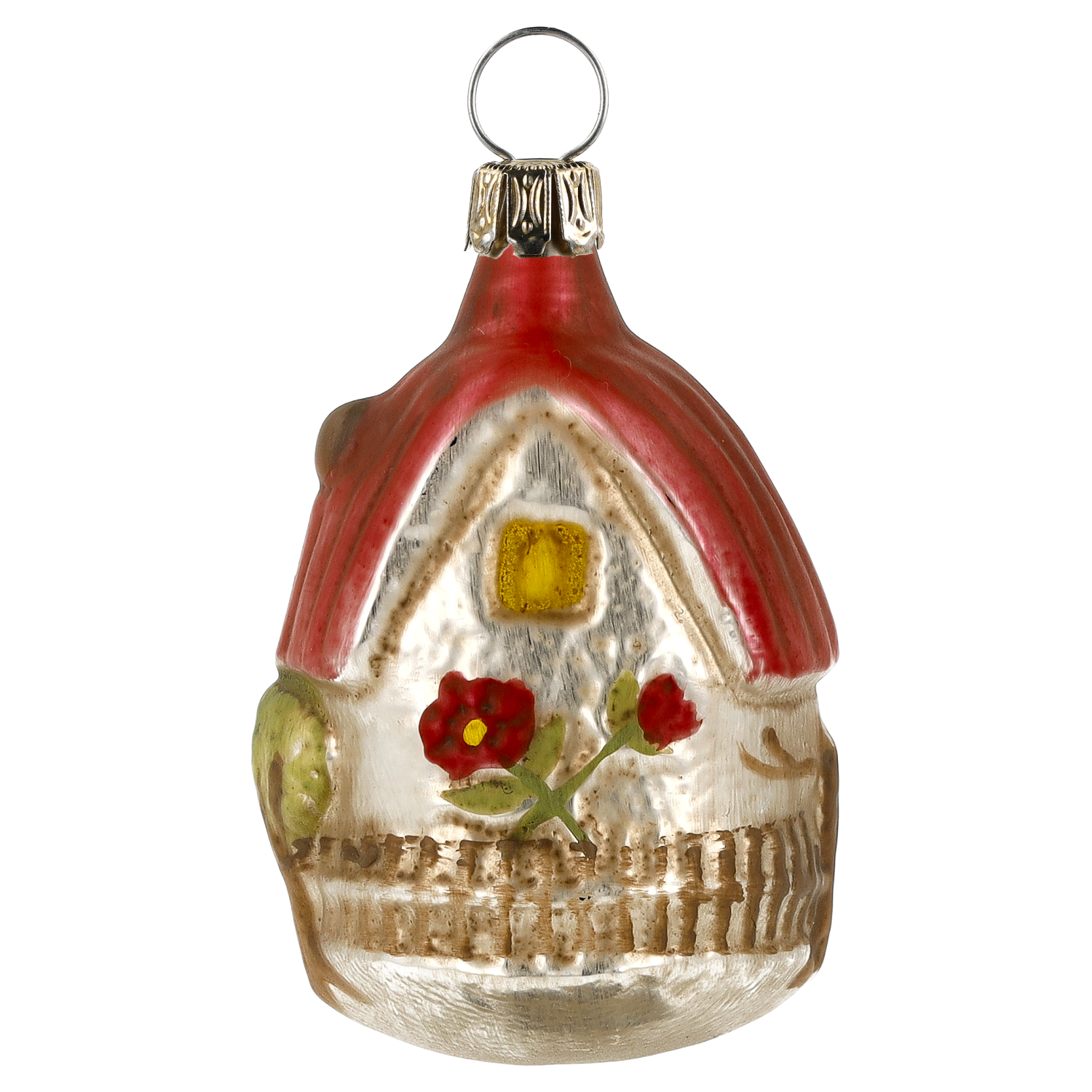 Vintage Glas Christbaumanhänger Haus mit Blumen