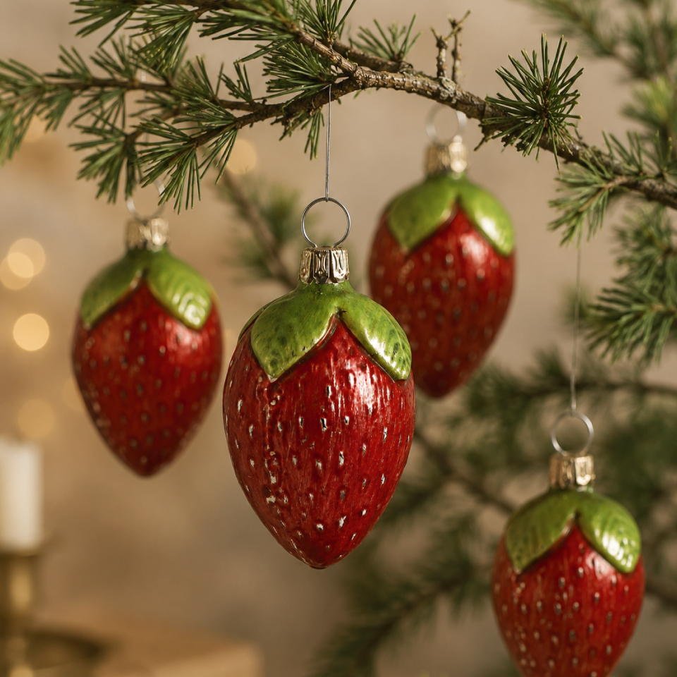 Rote Erdbeer-Glasanhänger mit grünen Blättern hängen am Tannenzweig – glänzender Christbaumschmuck, Detailansicht