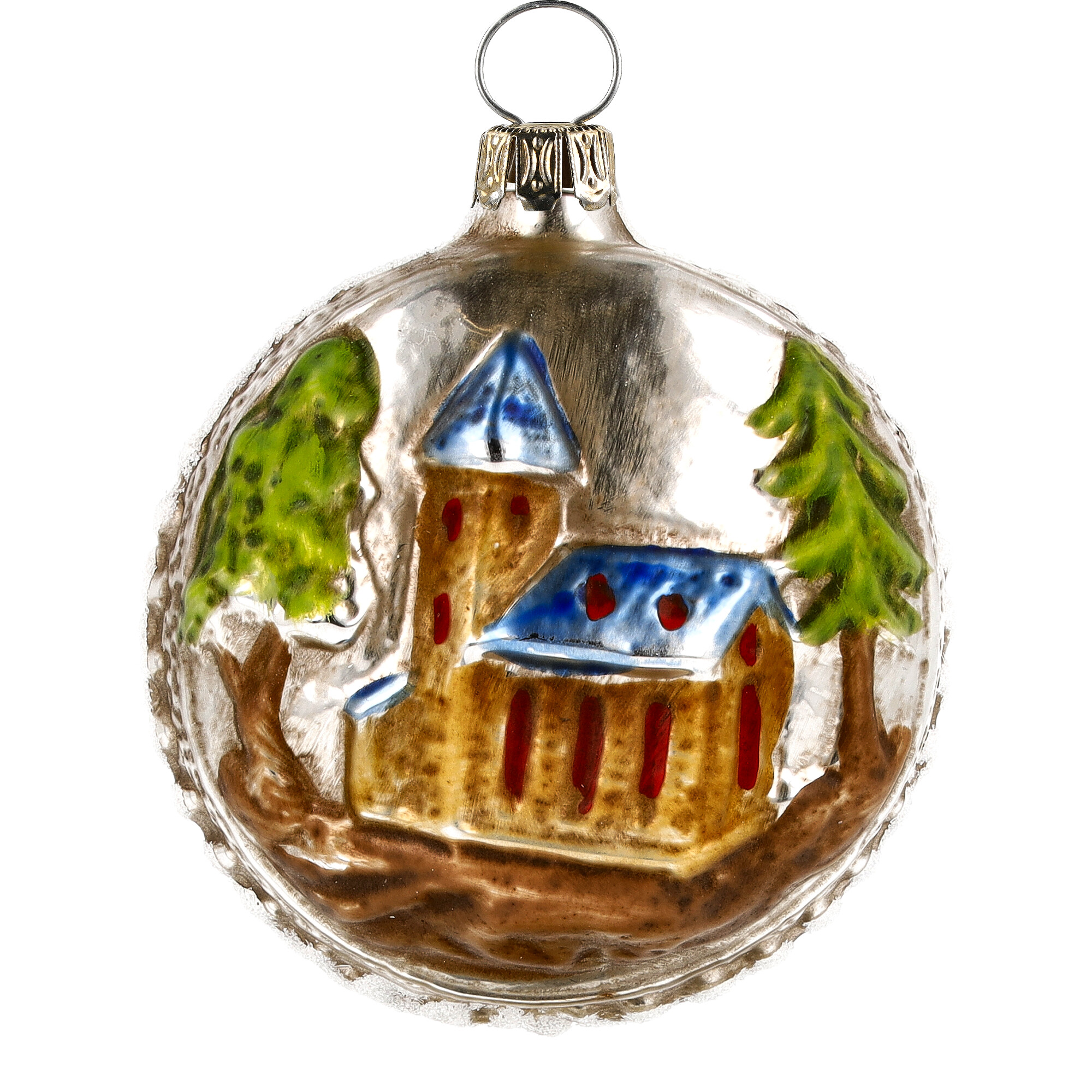 Retro Vintage style Christmas Glass Ornament - Ball with church and tree