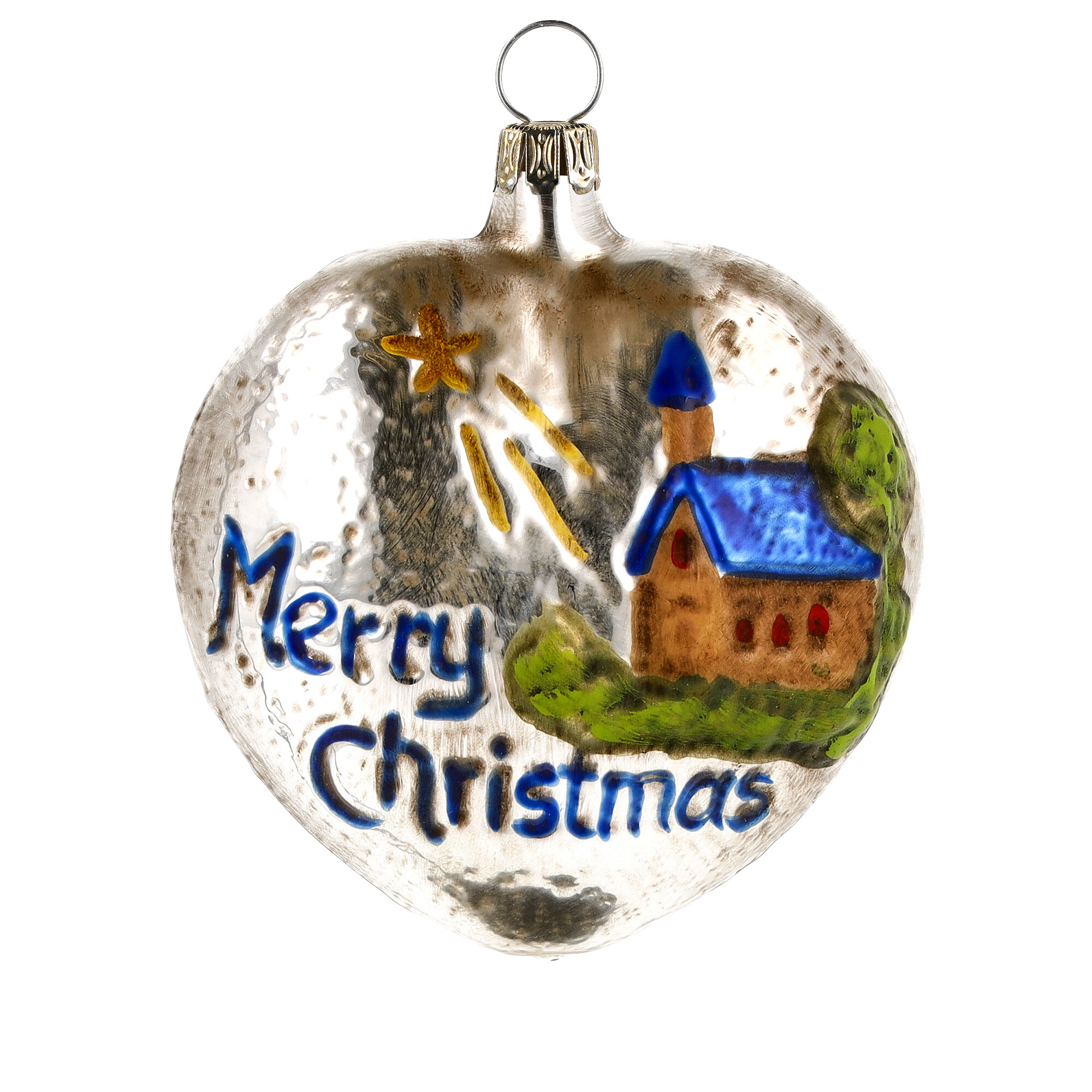 Retro Vintage style Christmas Glass Ornament - Heart with church and stars blue roof
