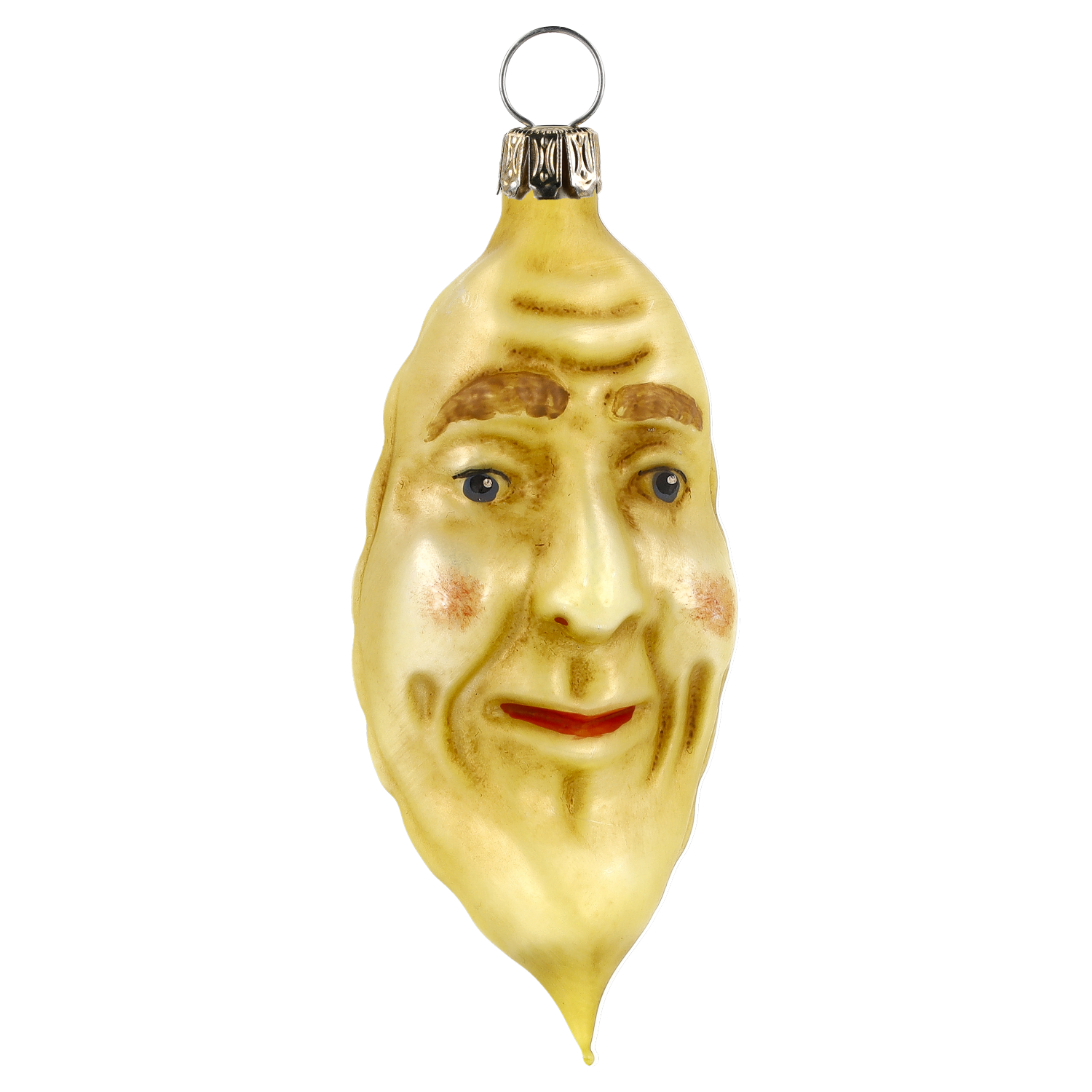 Mundgeblasener Glas-Weihnachtsbaumanhänger mit freundlich lächelndem Mondgesicht in Gold, detailreich handbemalt