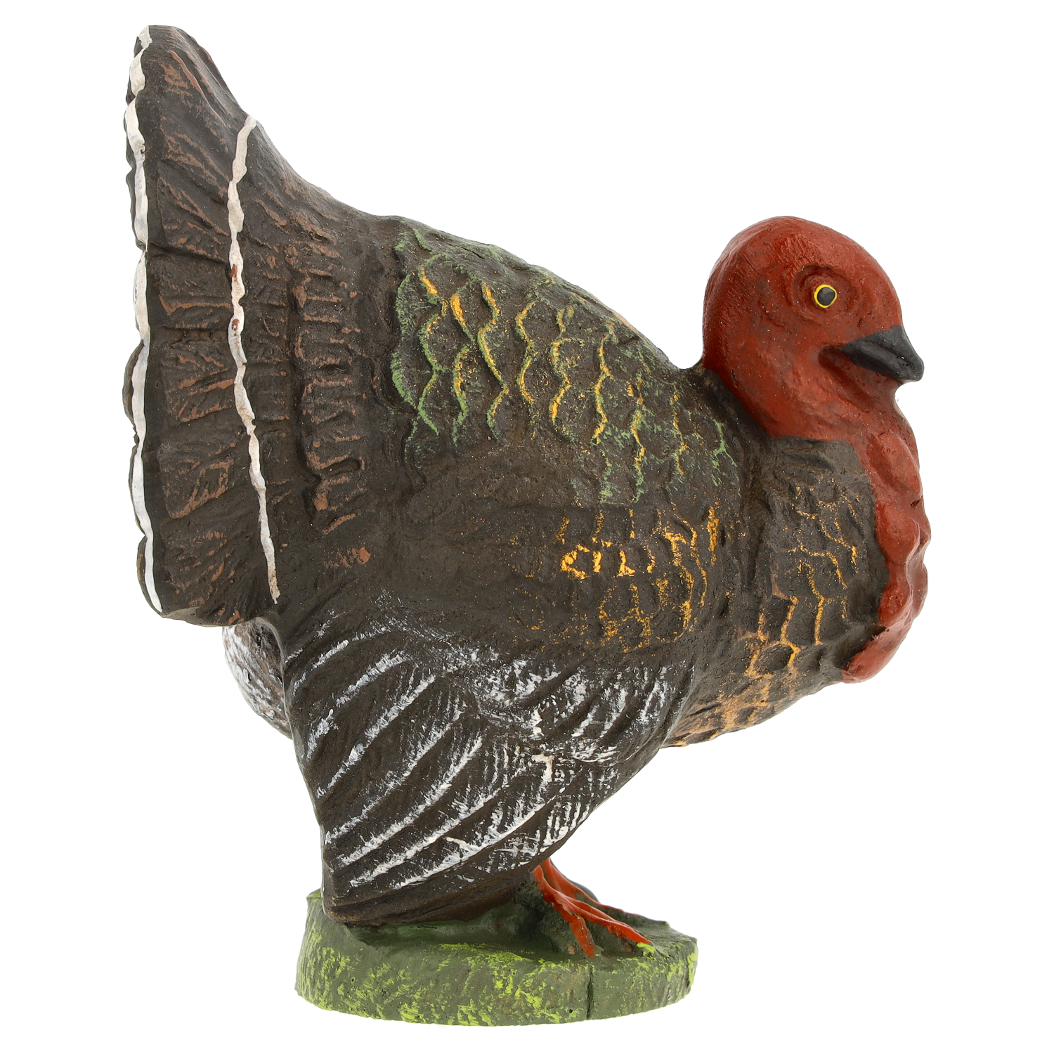 Handbemalte Truthahn-Figur aus Gusseisen auf Sockel; detailreiche Federn, ideal als Deko für Haus und Garten.