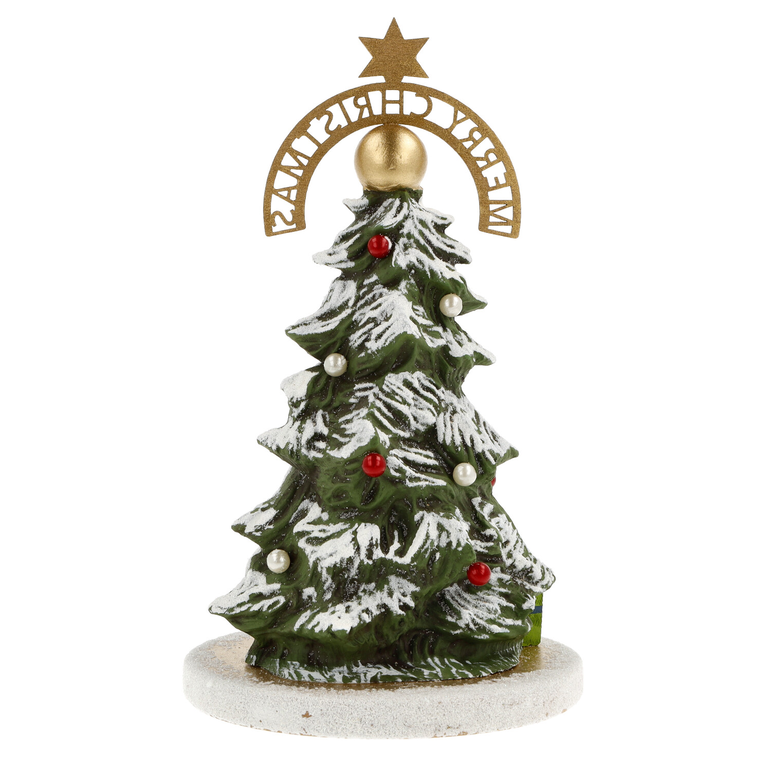 Dekorierter Miniatur-Weihnachtsbaum mit goldener Bodenplatte und weißem Glasglimmer