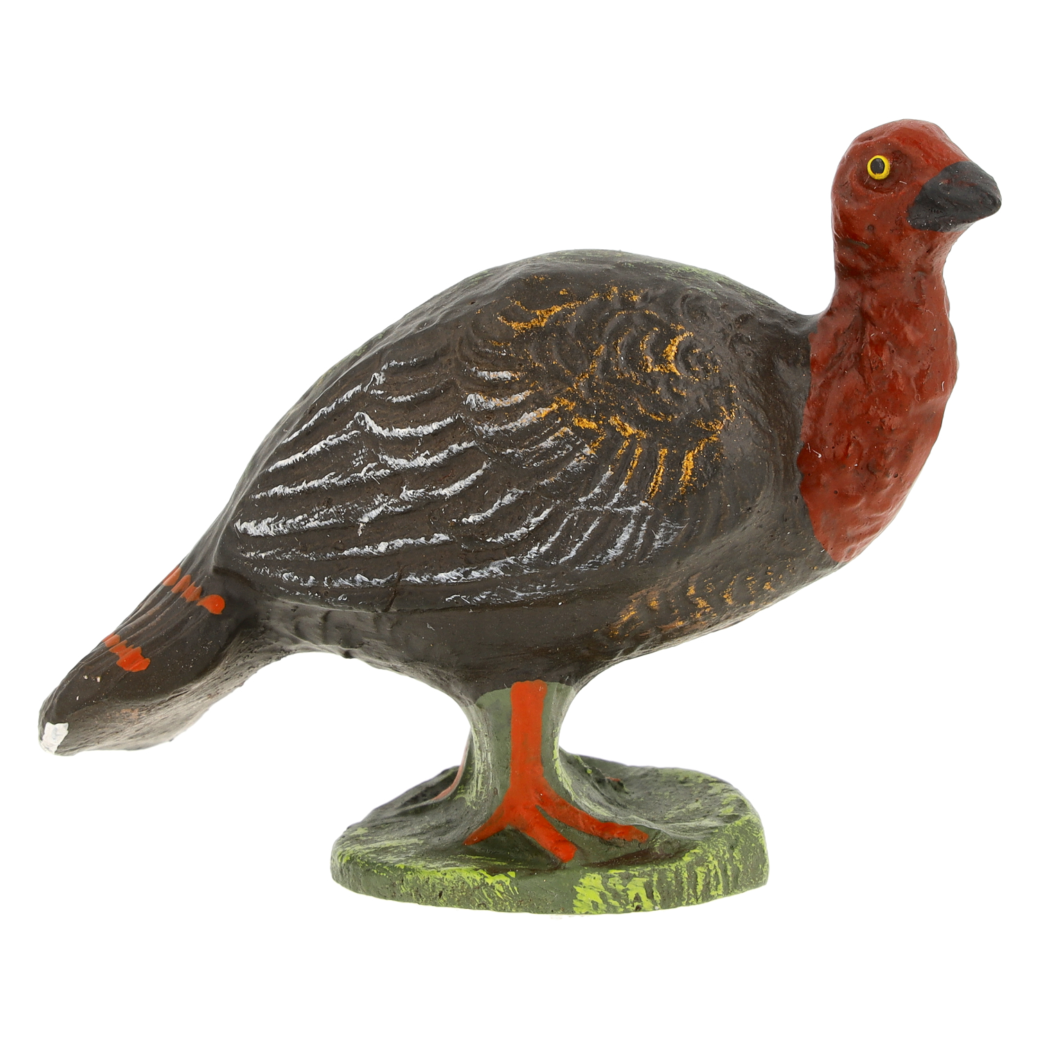 Handbemalte Vogel-Figur mit rotem Kopf und dunklem Gefieder auf grünem Sockel, detailreiche Dekofigur
