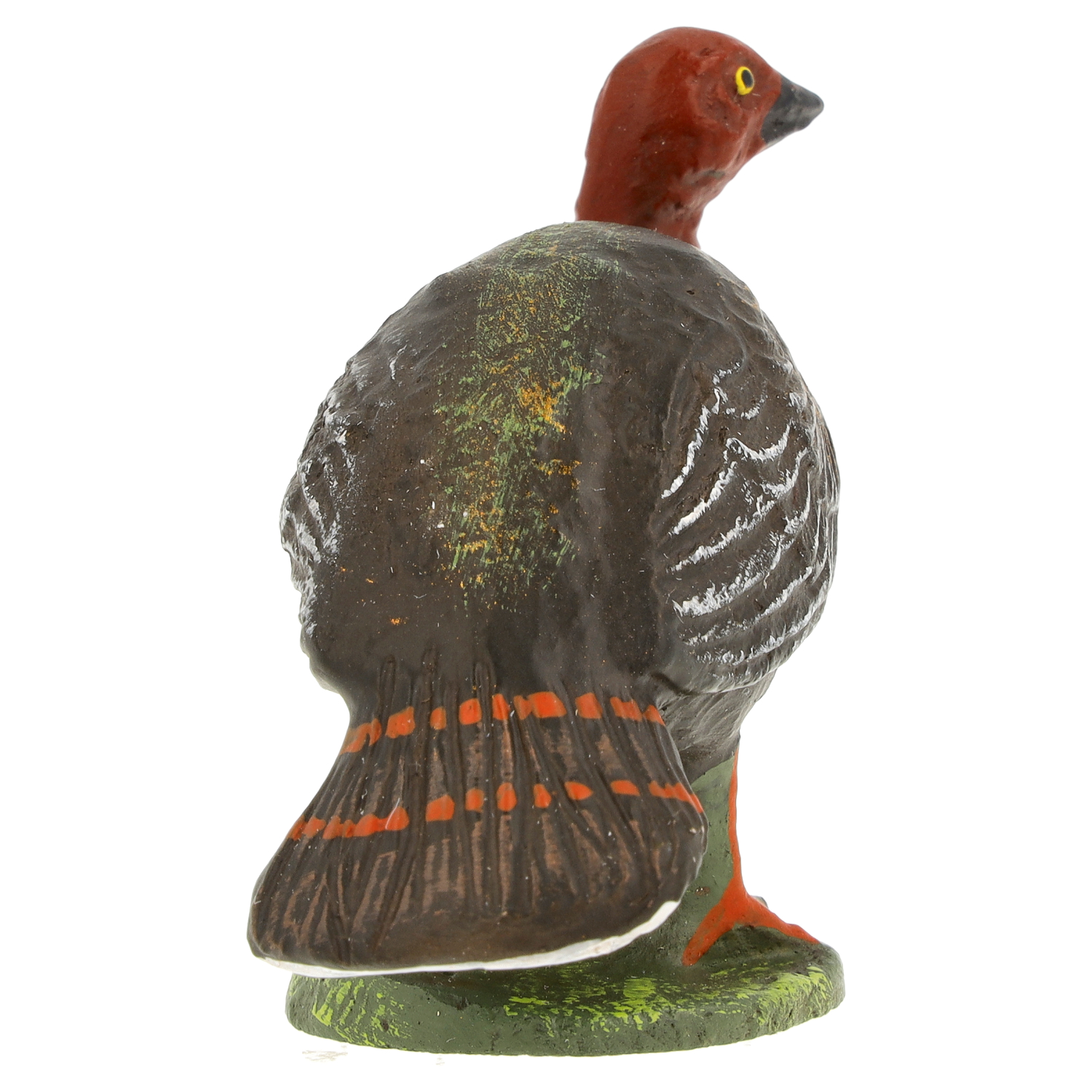Handbemalte Vogel-Figur als Deko: brauner Waldvogel mit rotem Kopf, gestreiften Flügeln und orange gebändertem Schwanz, stehend auf grünem Sockel – Produktfoto