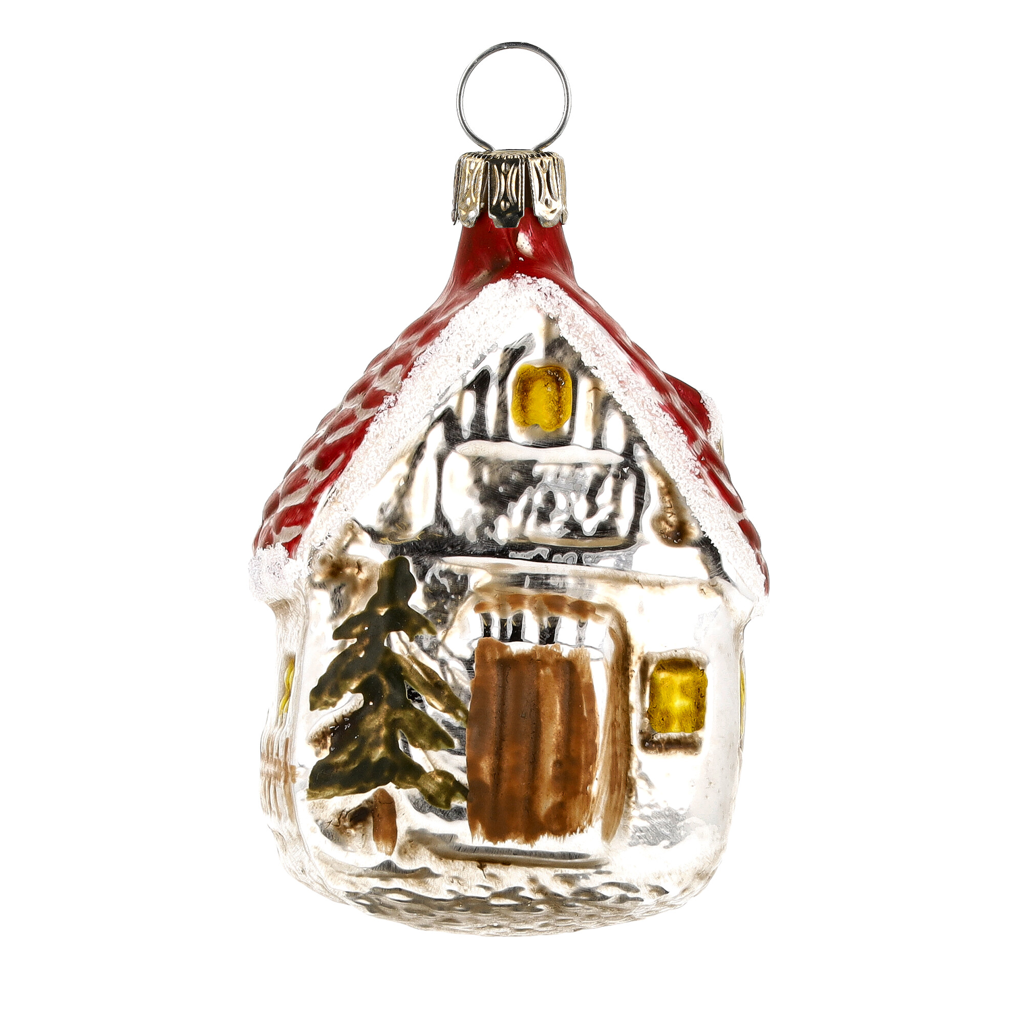 Retro Vintage style Christmas Glass Ornament - Forest house with glitter