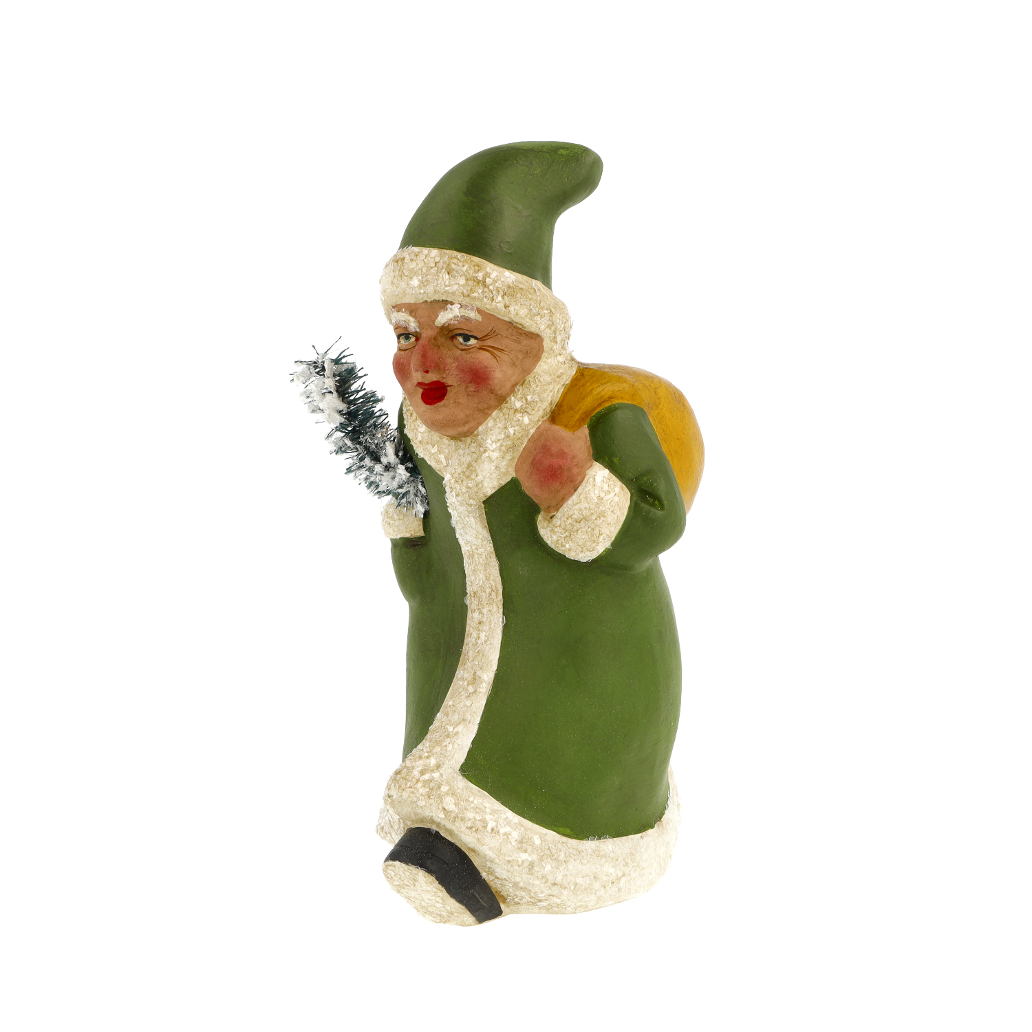 Hurrying Santa Claus with pointed hat and sack, H = 8 in., green