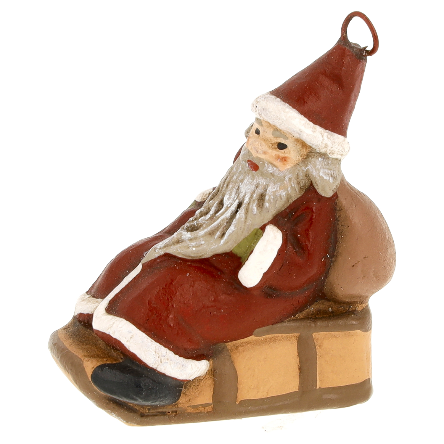 Christbaumschmuck: Weihnachtsmann auf Schlitten mit Geschenksack, handbemalte Resin-Figur
