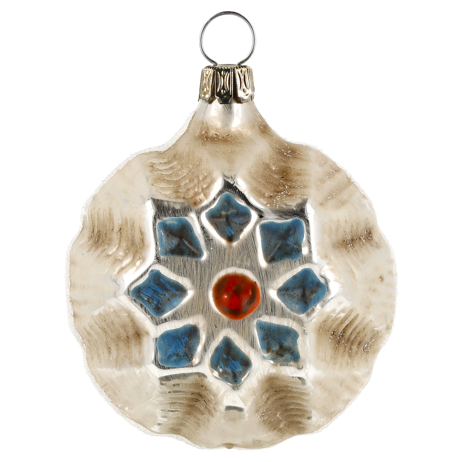 Runde Vintage Glas-Weihnachtskugel mit Relief, Blau/Rot