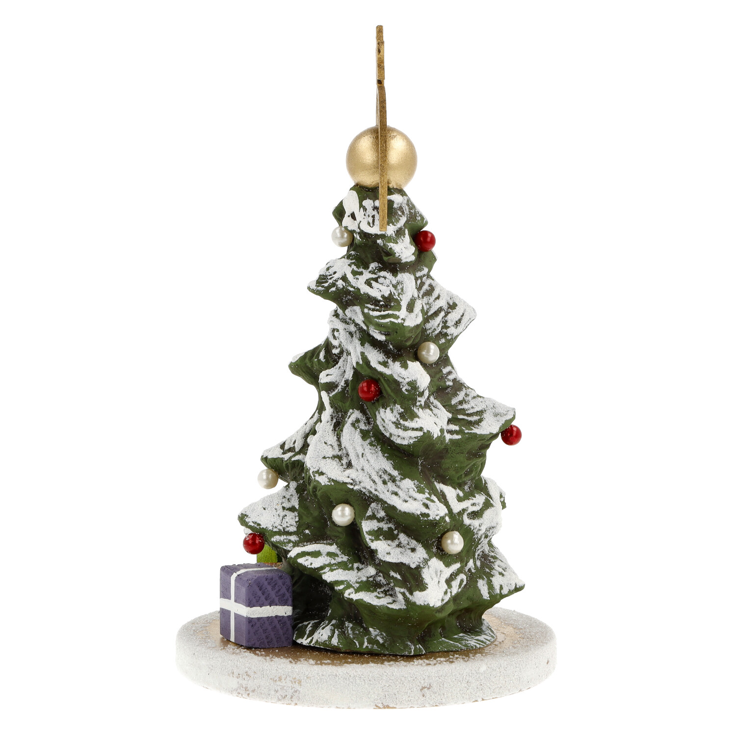 Dekorierter Miniatur-Weihnachtsbaum mit goldener Bodenplatte und weißem Glasglimmer