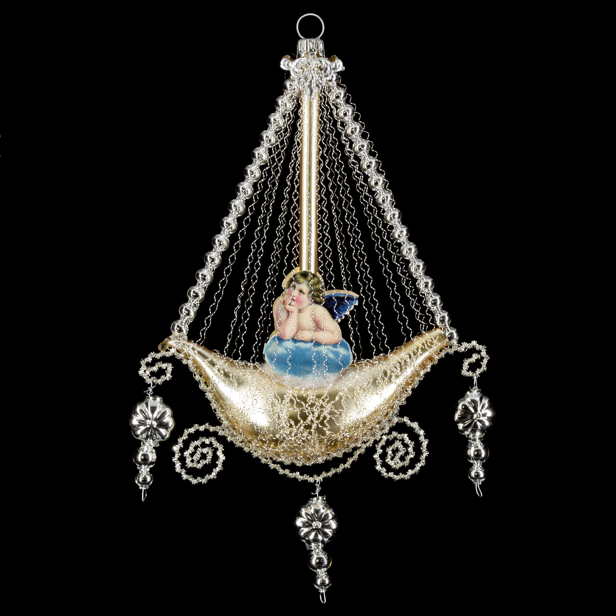 Gondel mit 2 Engel-Oblaten, Kantille und Perlenhänger, gold