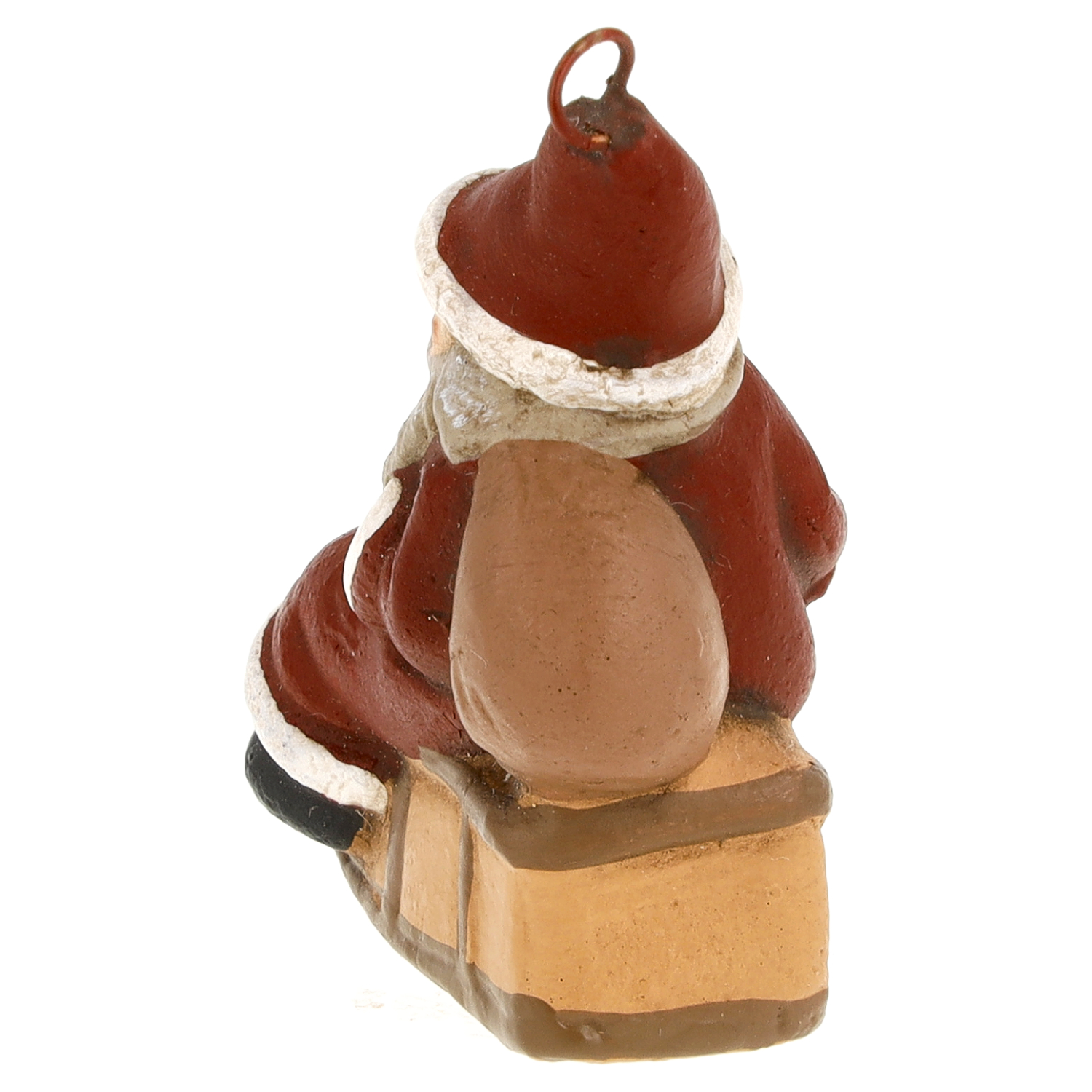 Rote Nikolaus-Anhängerfigur mit weißem Besatz und großem Geschenksack, rückseitige Ansicht, zum Aufhängen am Weihnachtsbaum