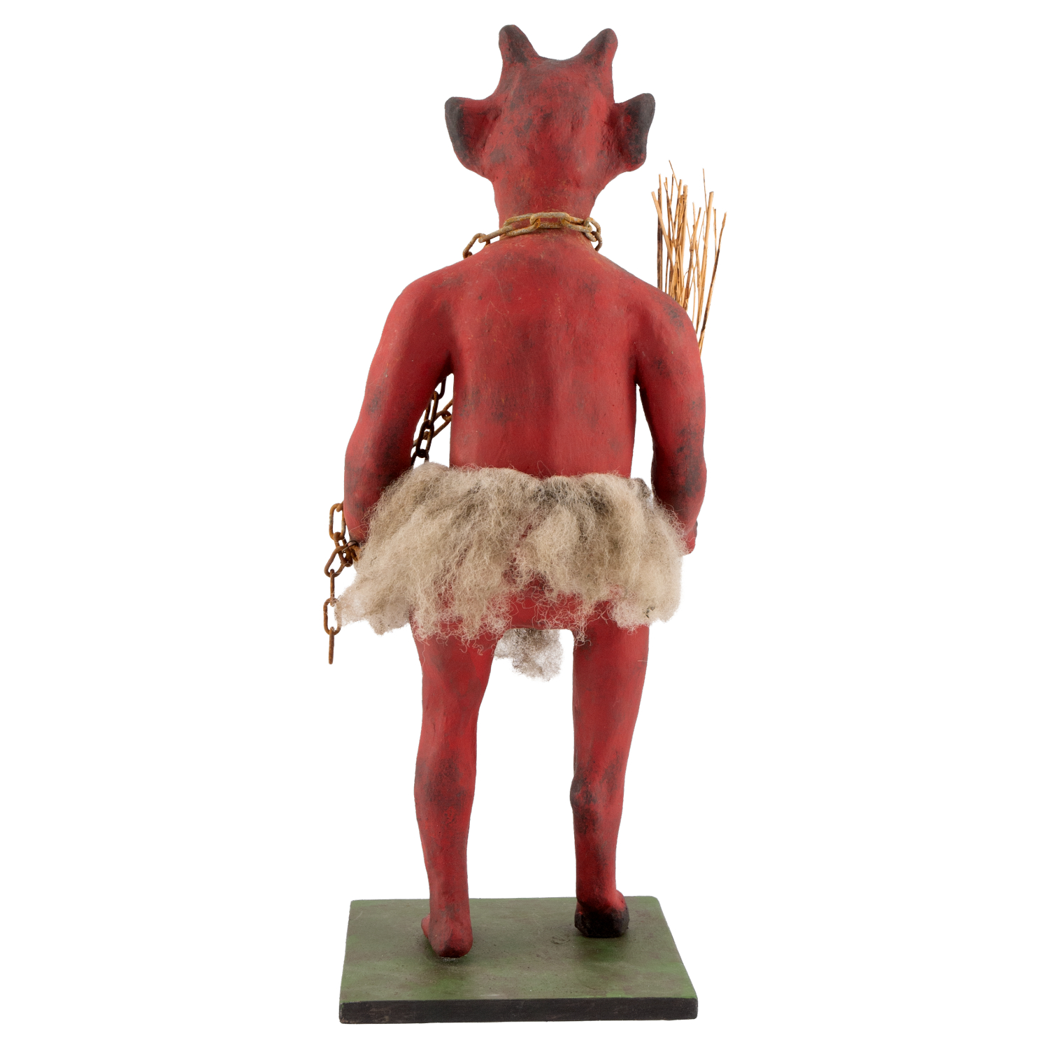 Rote Krampus Figur mit Kette und Rute, von hinten
