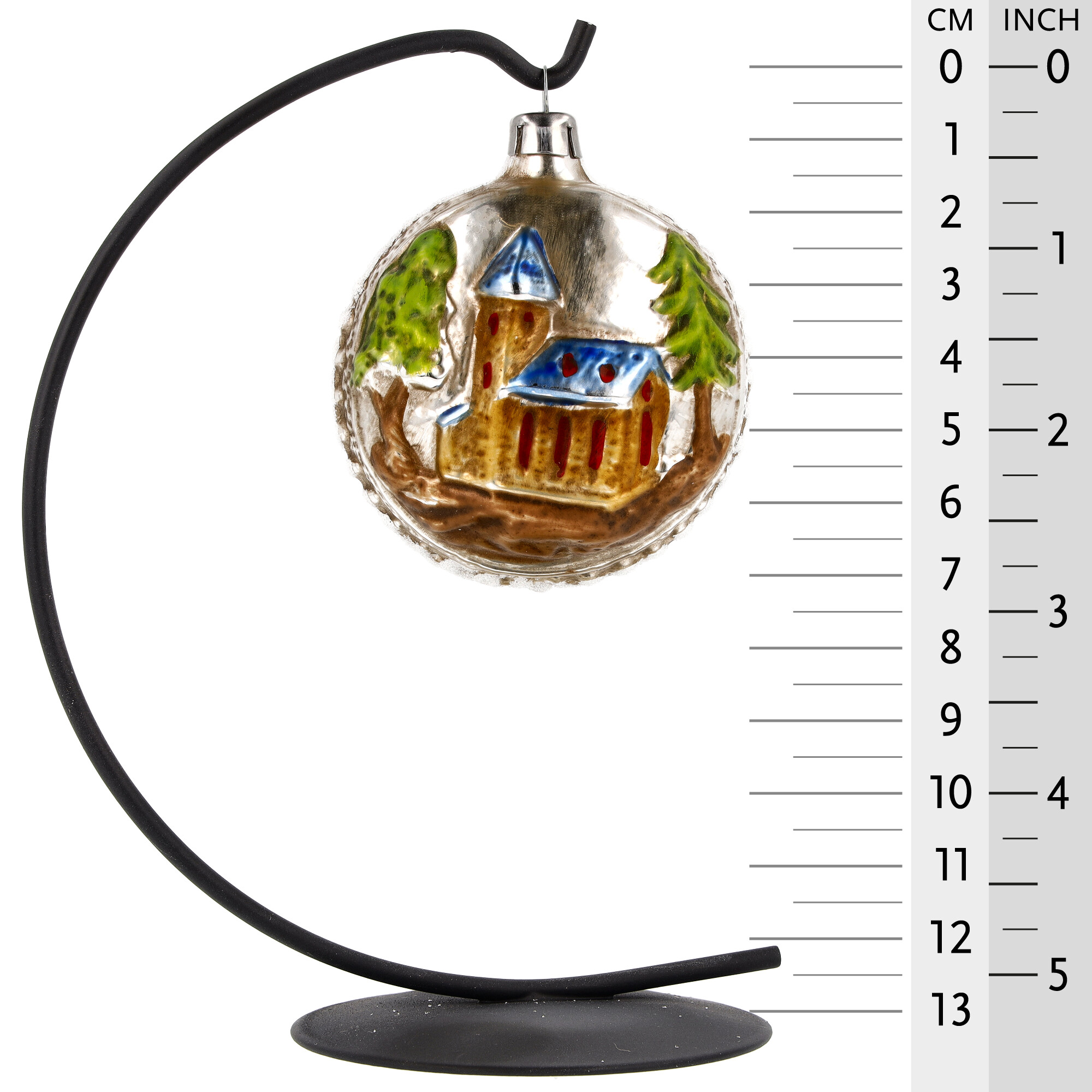 Retro Vintage style Christmas Glass Ornament - Ball with church and tree