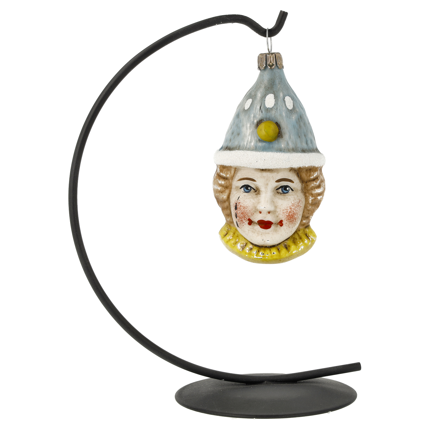 Handbemalter, patinierter Glas-Clownskopf mit blauer Mütze