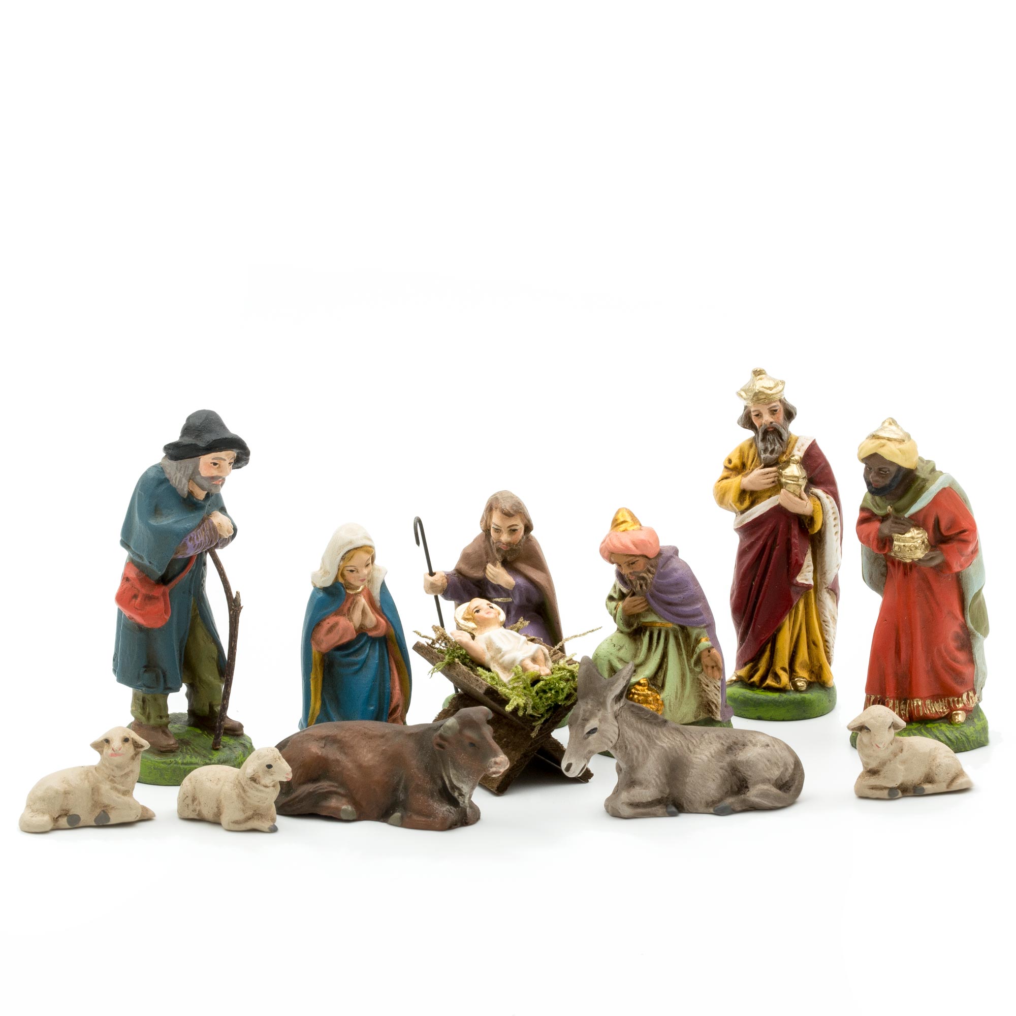 Nativity set, 12 pcs., to 2.5 in. figures with infant Jesus lying in wooden crib