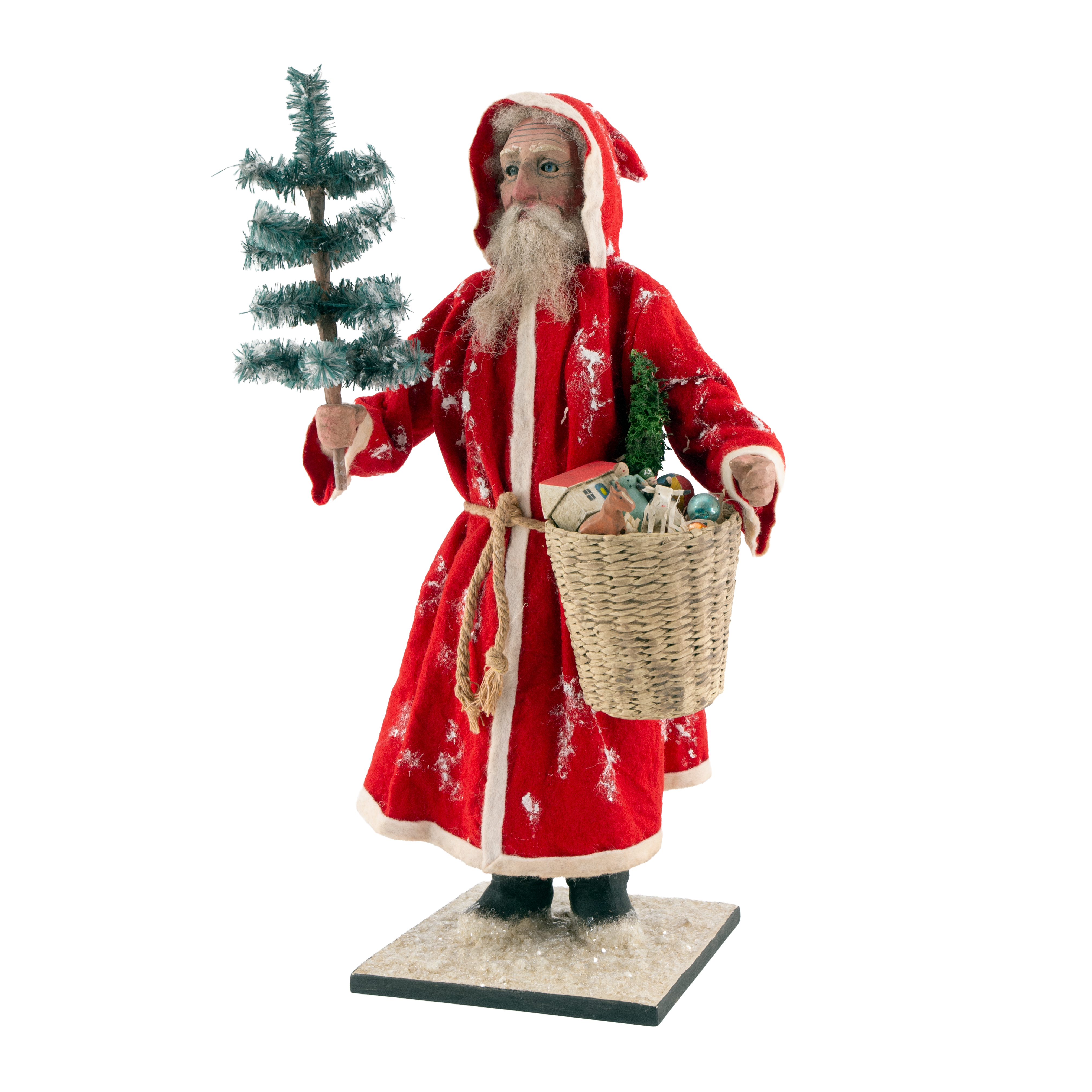 Dekofigur Weihnachtsmann mit Korb Geschenken und Baum