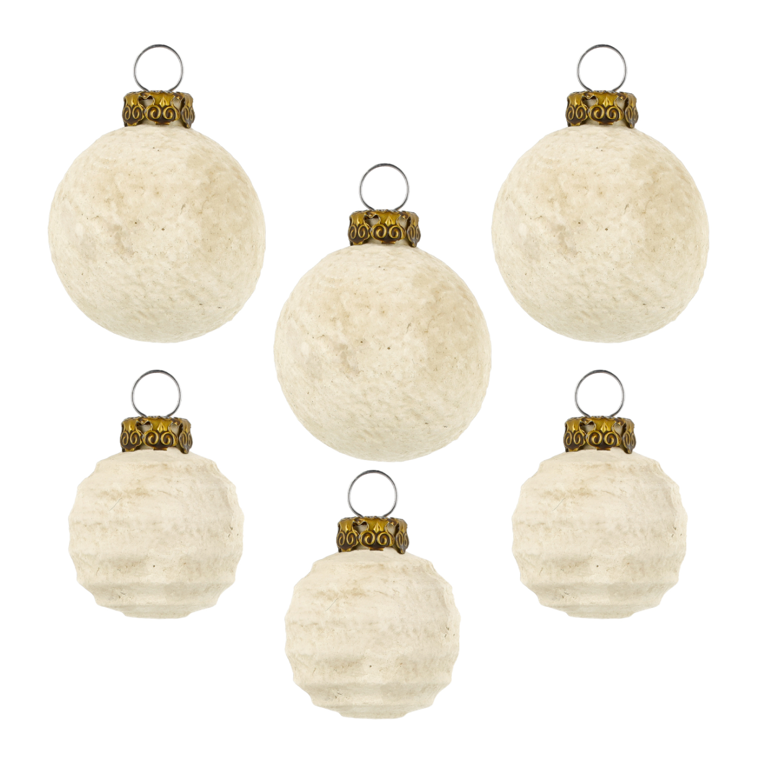 6er-Set cremeweiße Christbaumkugeln mit Ornamentkappe