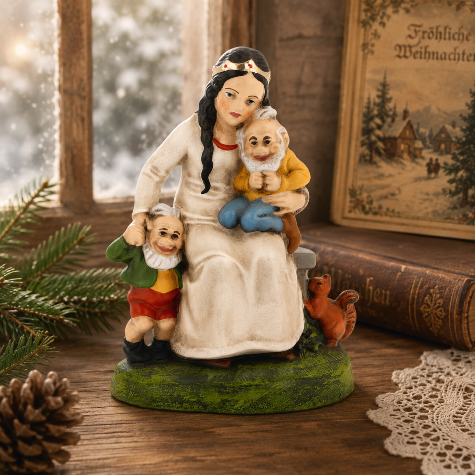 Handbemalte Schneewittchen-Dekofigur mit zwei Zwergen auf Sockel; nostalgische Winter- und Weihnachtsdeko auf Holztisch vor Fenster