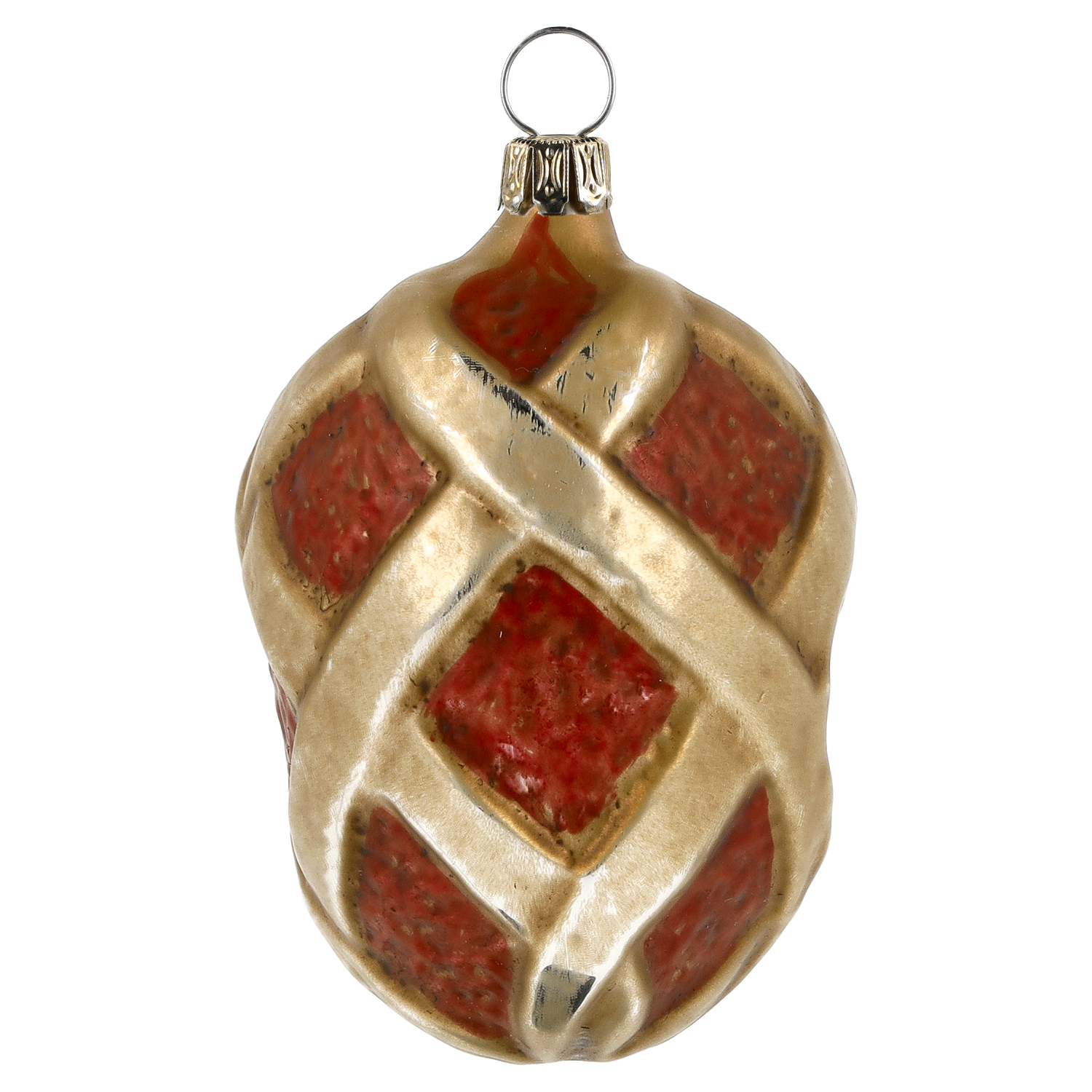 Vintage Glas-Ornament, goldenes Gitter, rote Rauten