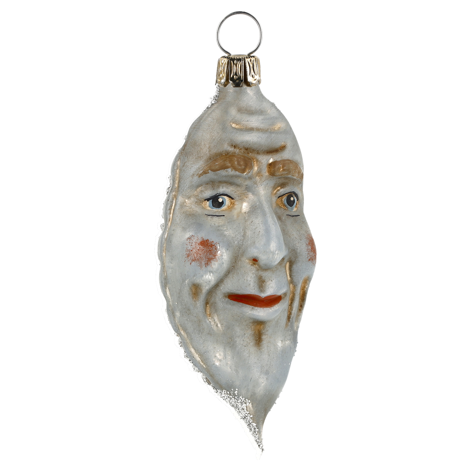 Handbemalter Glasanhänger für den Weihnachtsbaum in Form eines lächelnden Mondgesichts, silbern mit roten Wangen und Aufhängeöse – nostalgische Deko.