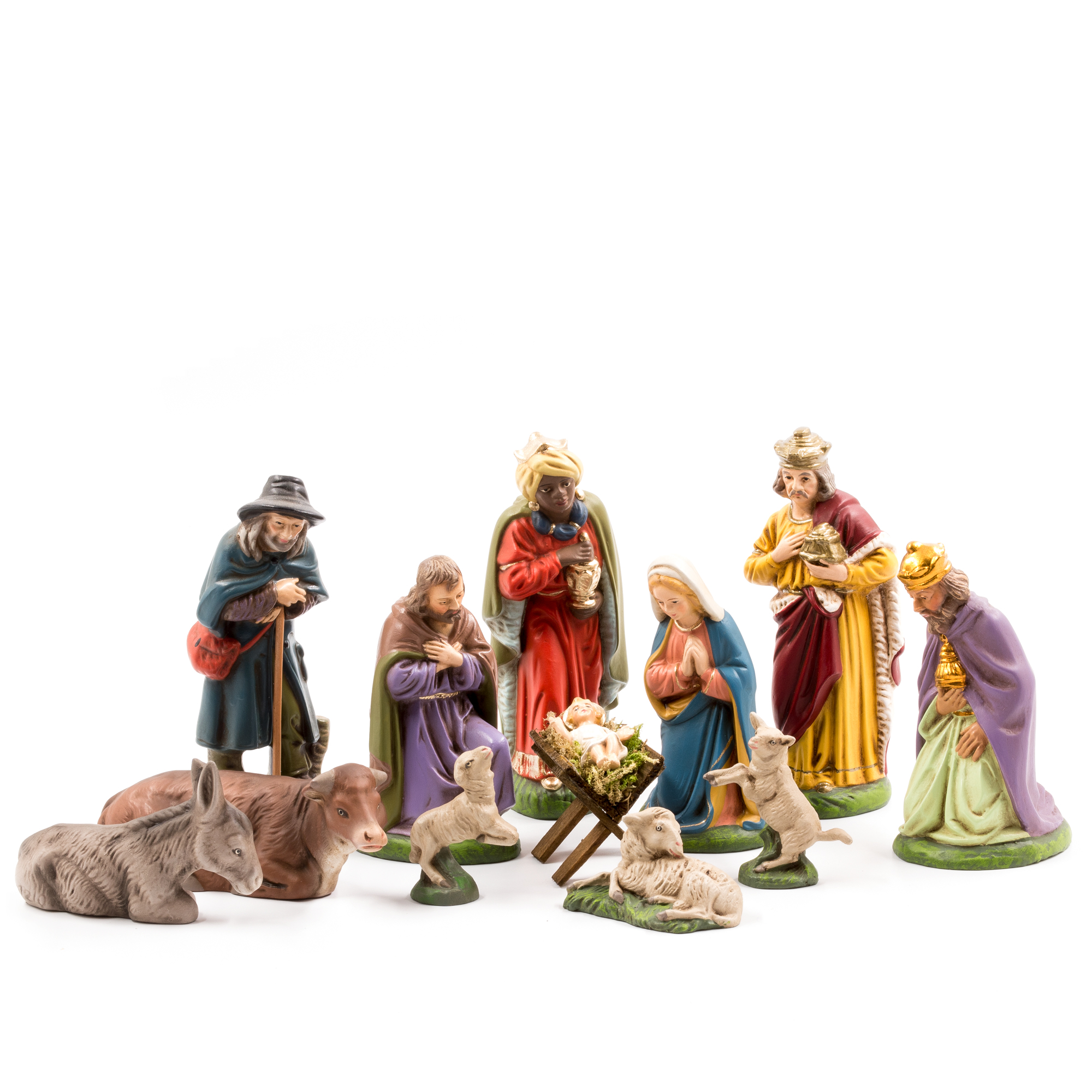 Krippensatz, 12 Figuren mit Holzkrippe, zu 11cm Krippenfiguren - Original MAROLIN® - Krippenfiguren für Ihre Weihnachtskrippe - Made in Germany
