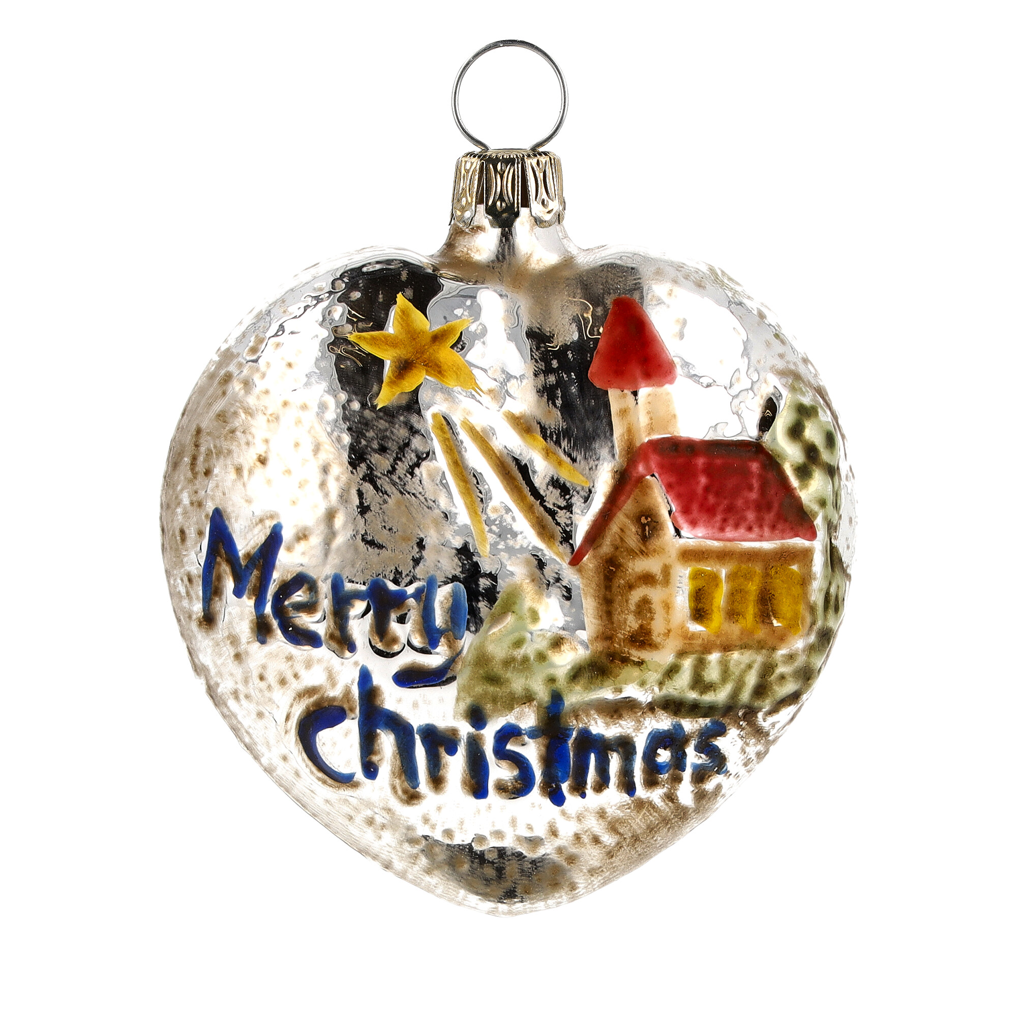Retro Vintage style Christmas Glass Ornament - Heart with church and stars red roof