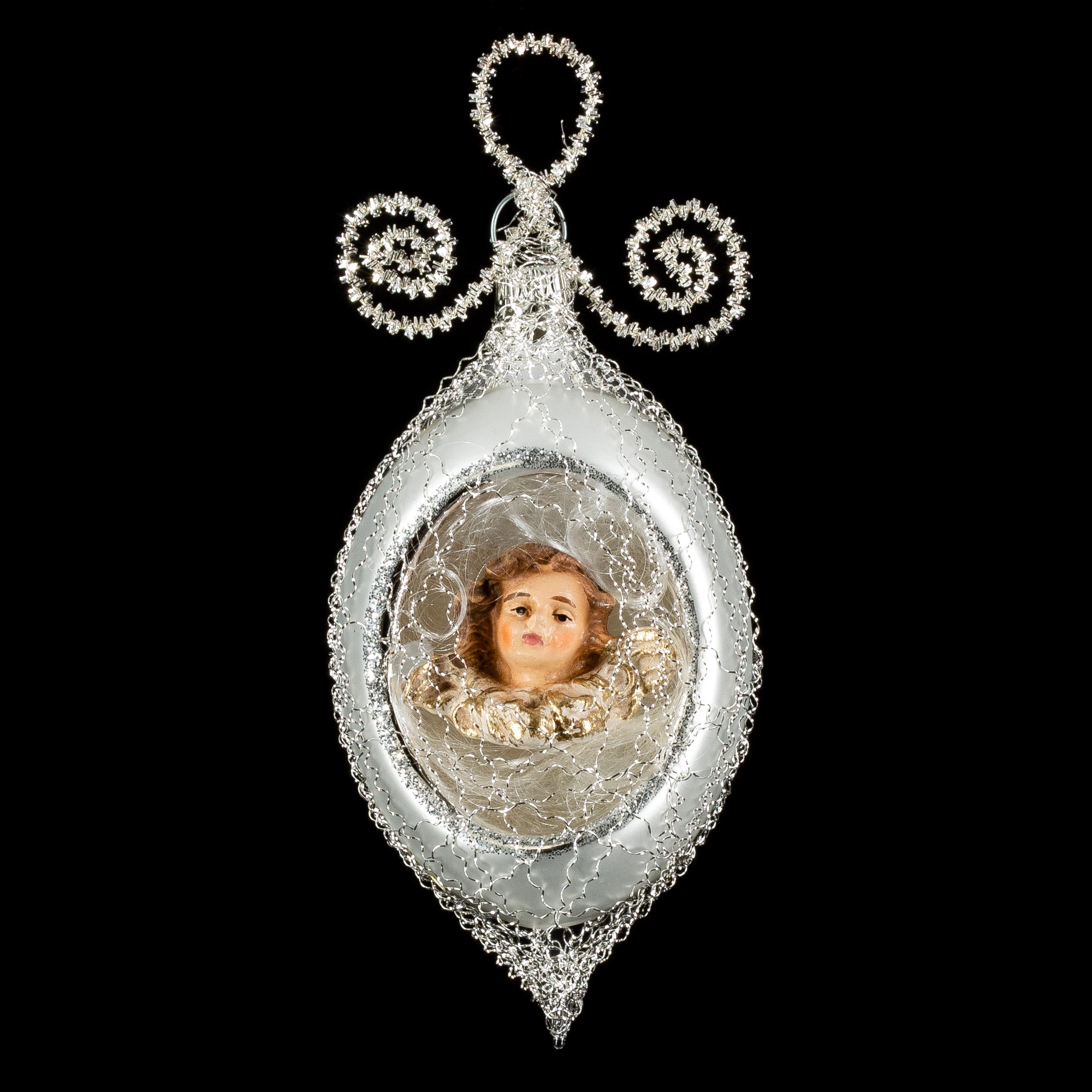 Ornament with Hollow, MAROLIN® - putto head and lyonese wire, silver