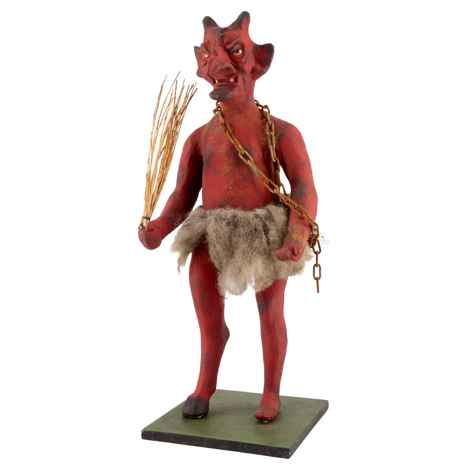 Rote Krampus-Figur auf Sockel, Rute und Kette