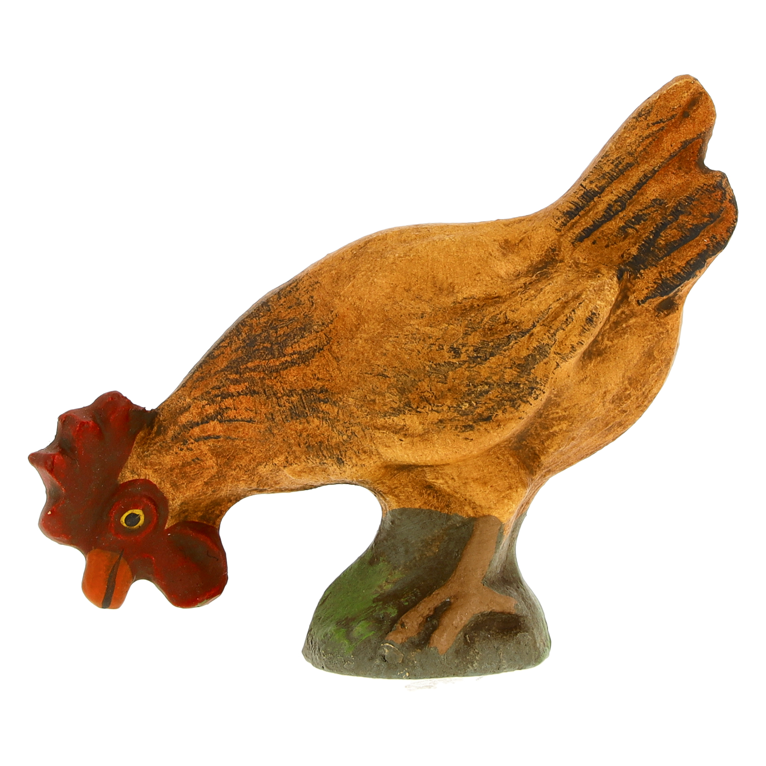 Handgeschnitzte, handbemalte Henne aus Holz im Picken; rustikale Bauernhof-Dekoration, Tierfigur für Regal, Tisch oder Krippe