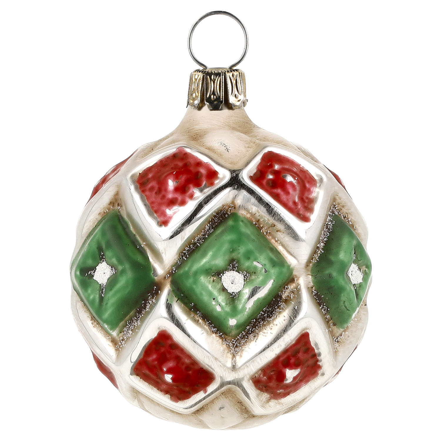 Weihnachtskugel aus Glas mit roten und grünen Rauten