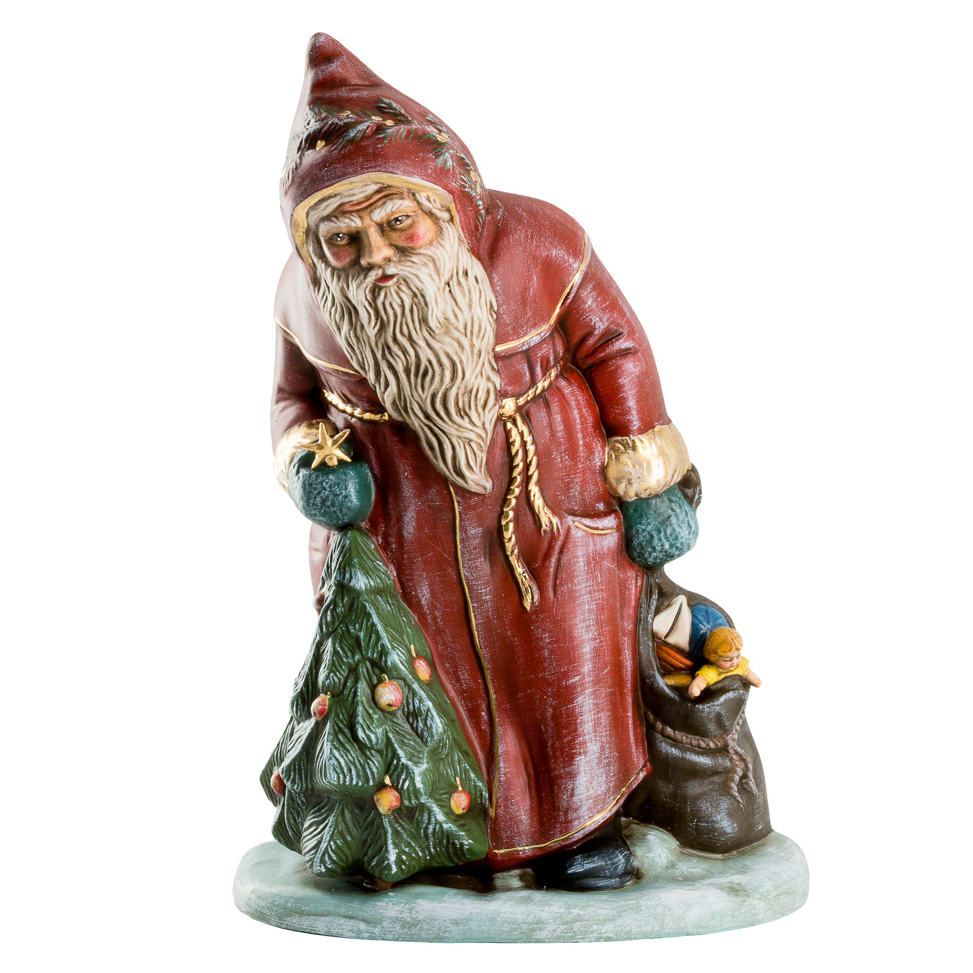 Nicholas with tree and sack, red with golden ornaments, Height: 13 in., in wooden box