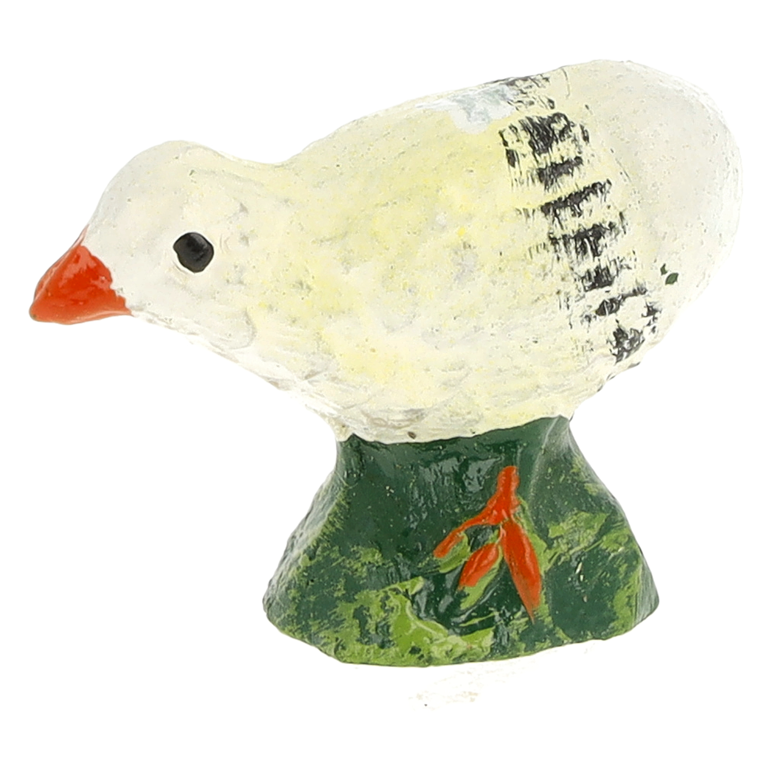 Weißes, handbemaltes Keramik-Küken auf grünem Sockel mit orangem Schnabel – dekorative Tierfigur für Frühling und Ostern