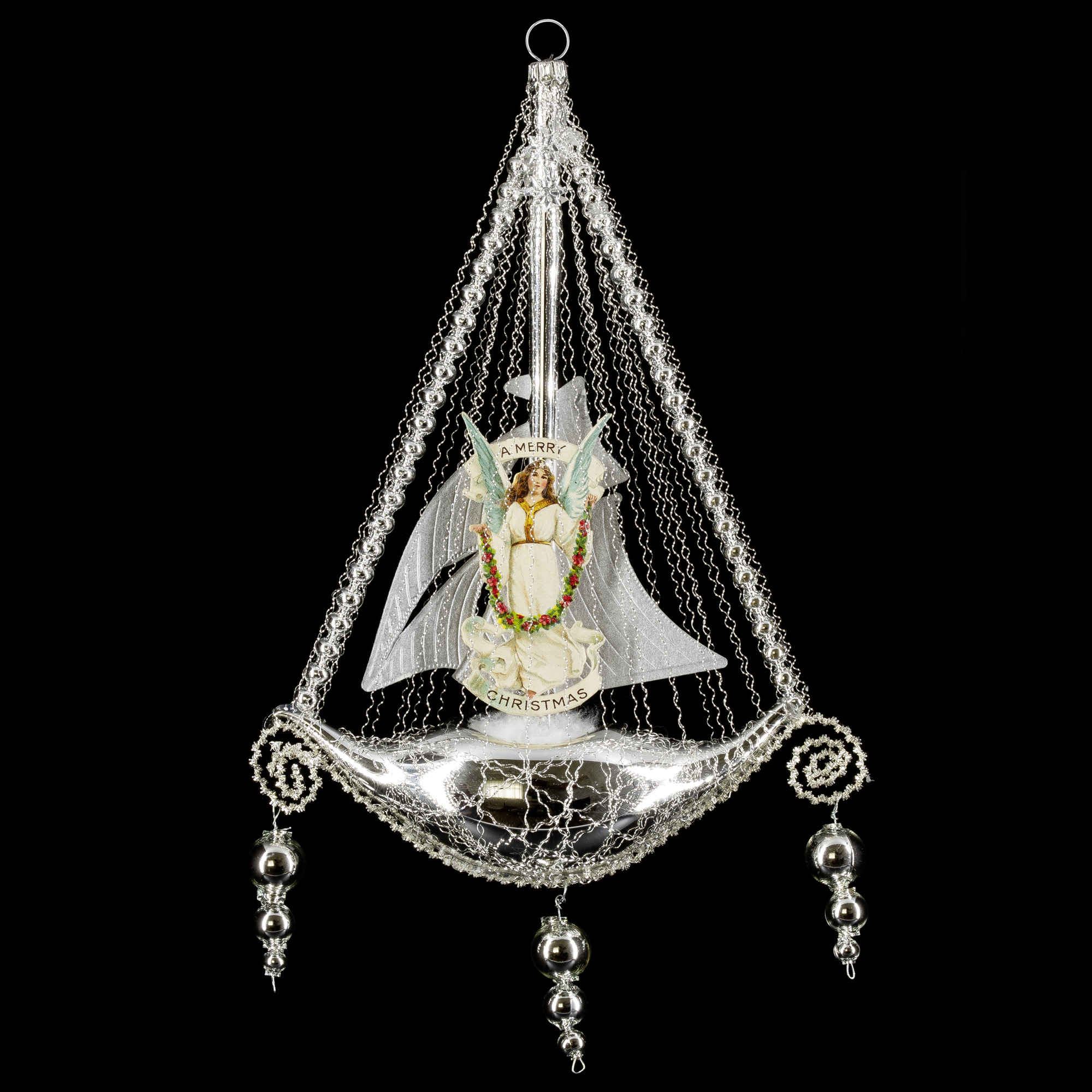Schiff mit Engel-Oblate, Segel und 3 Perlenhängern, silber