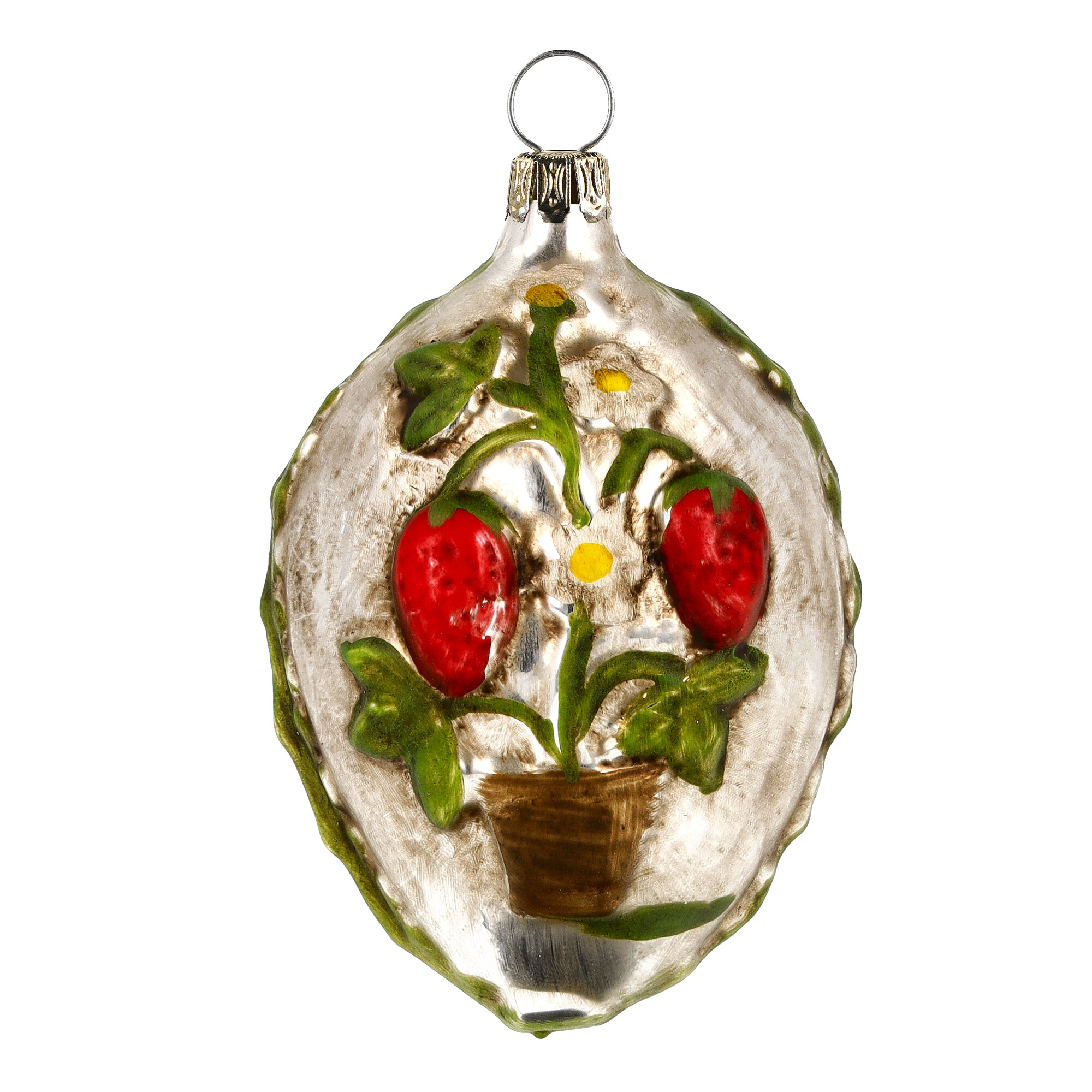 Nostalgisches Glasornament - Ei mit Blumentopf und Erdbeeren