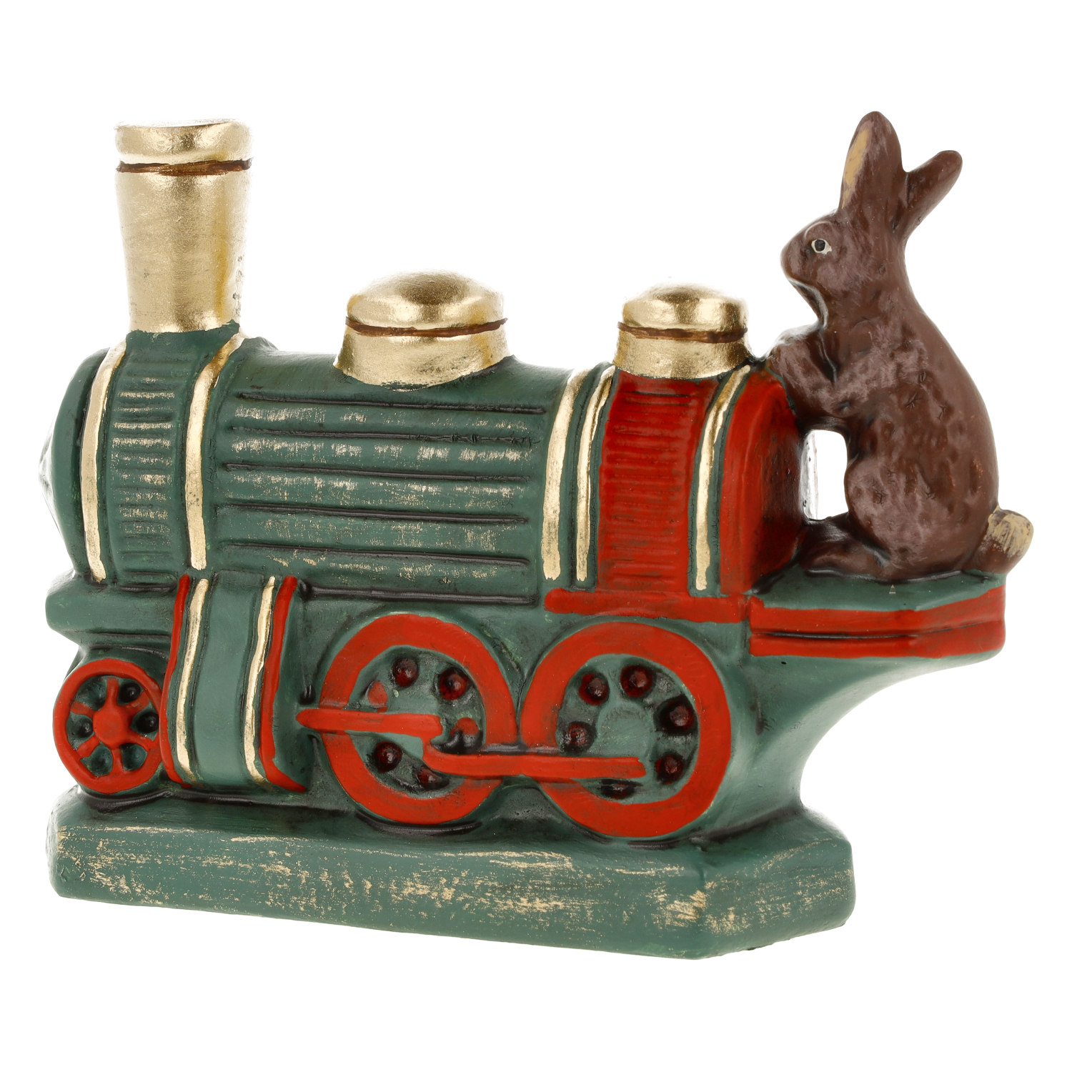 Deko-Lokomotive mit Hase, grün-rot, nostalgisch