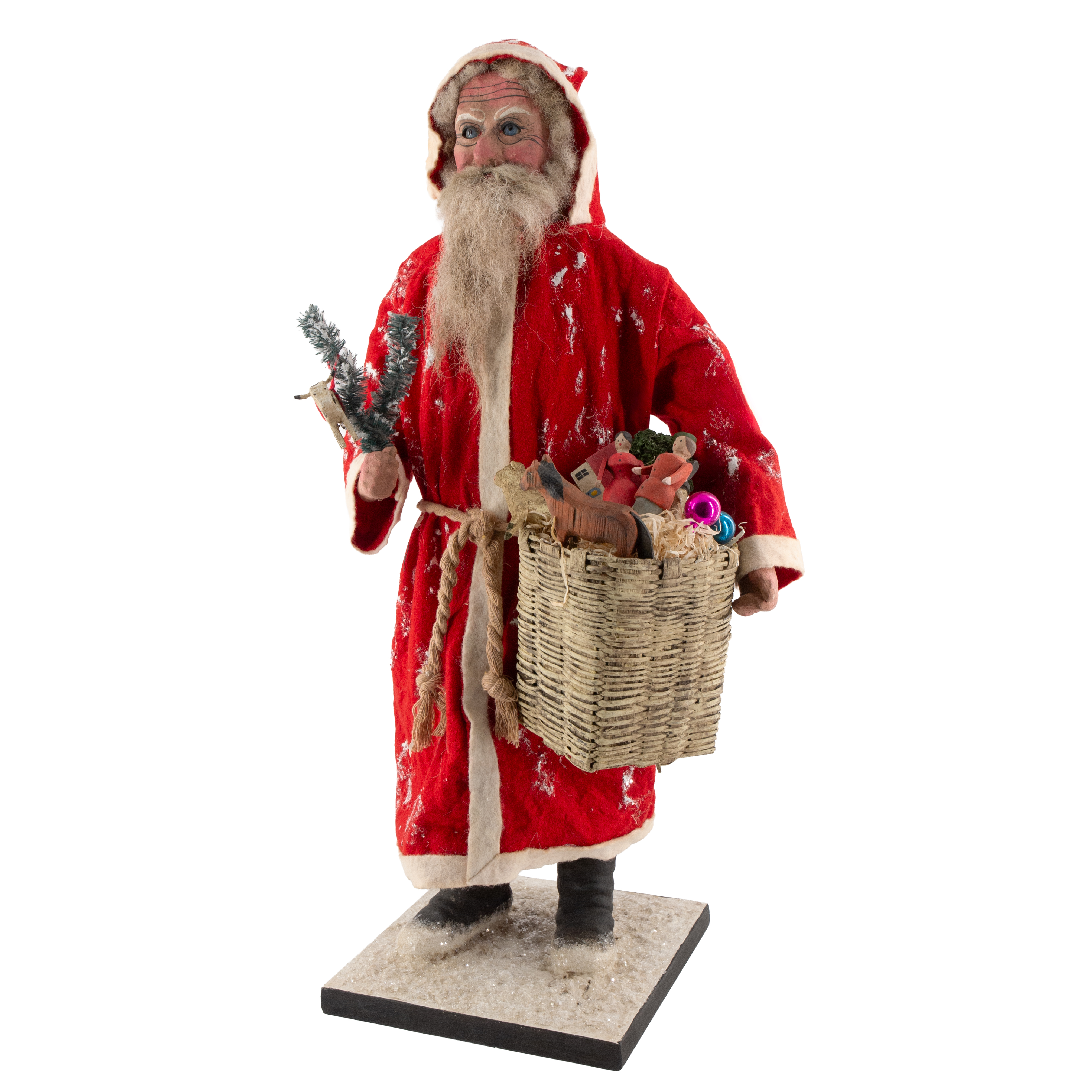 Weihnachtsmann Dekofigur im roten Mantel mit Geschenkkorb