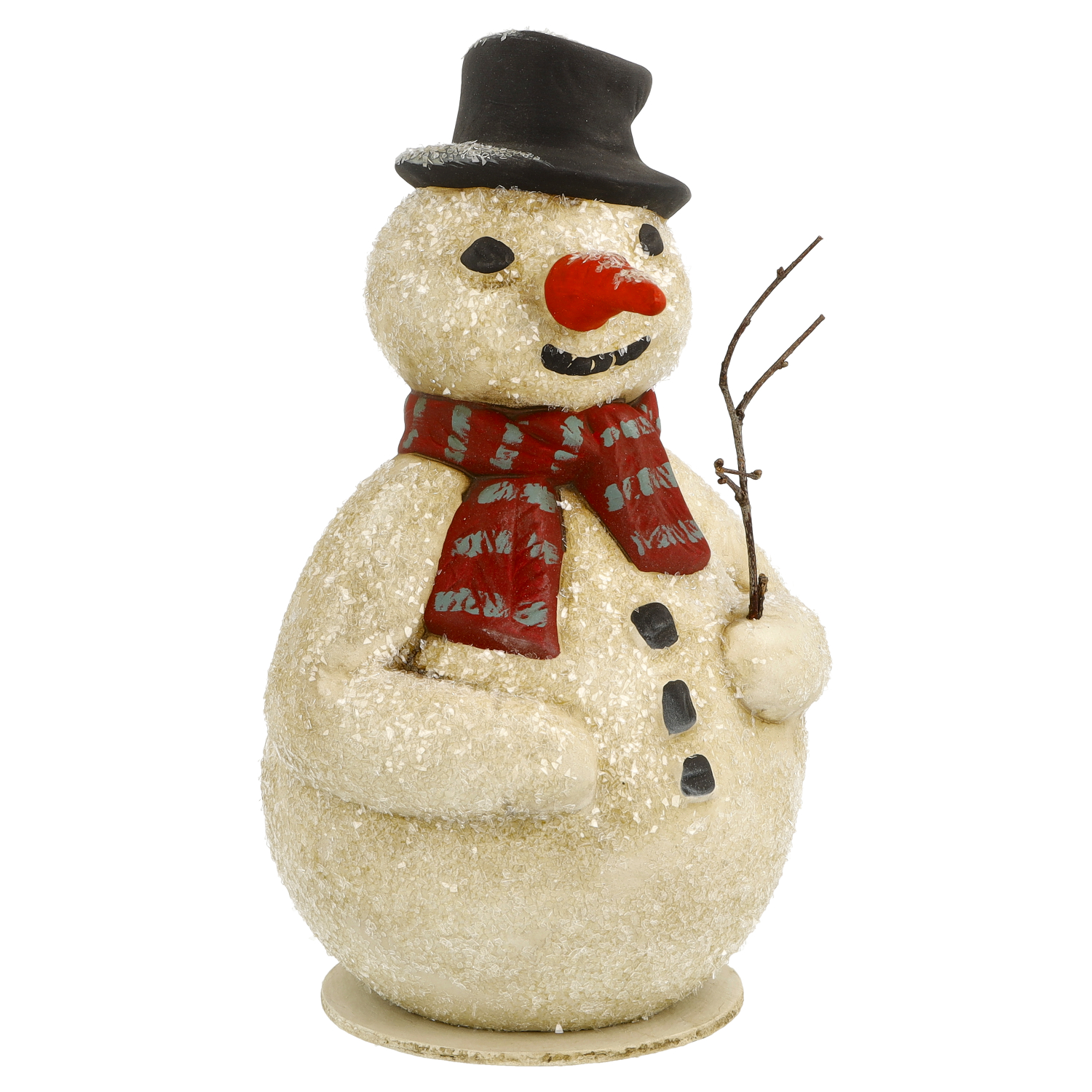 Schneemann Dekofigur mit Hut, rotem Schal und Ast