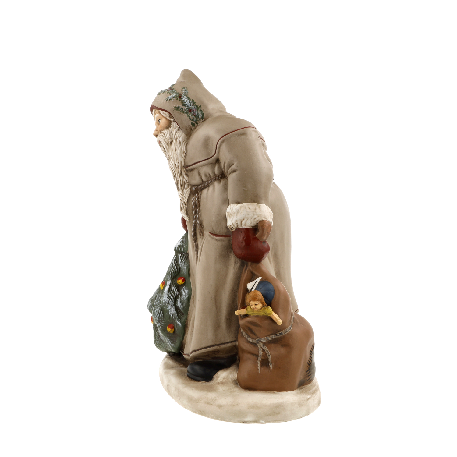 Santa Claus with Christmas tree and sack, deep red, in wooden box