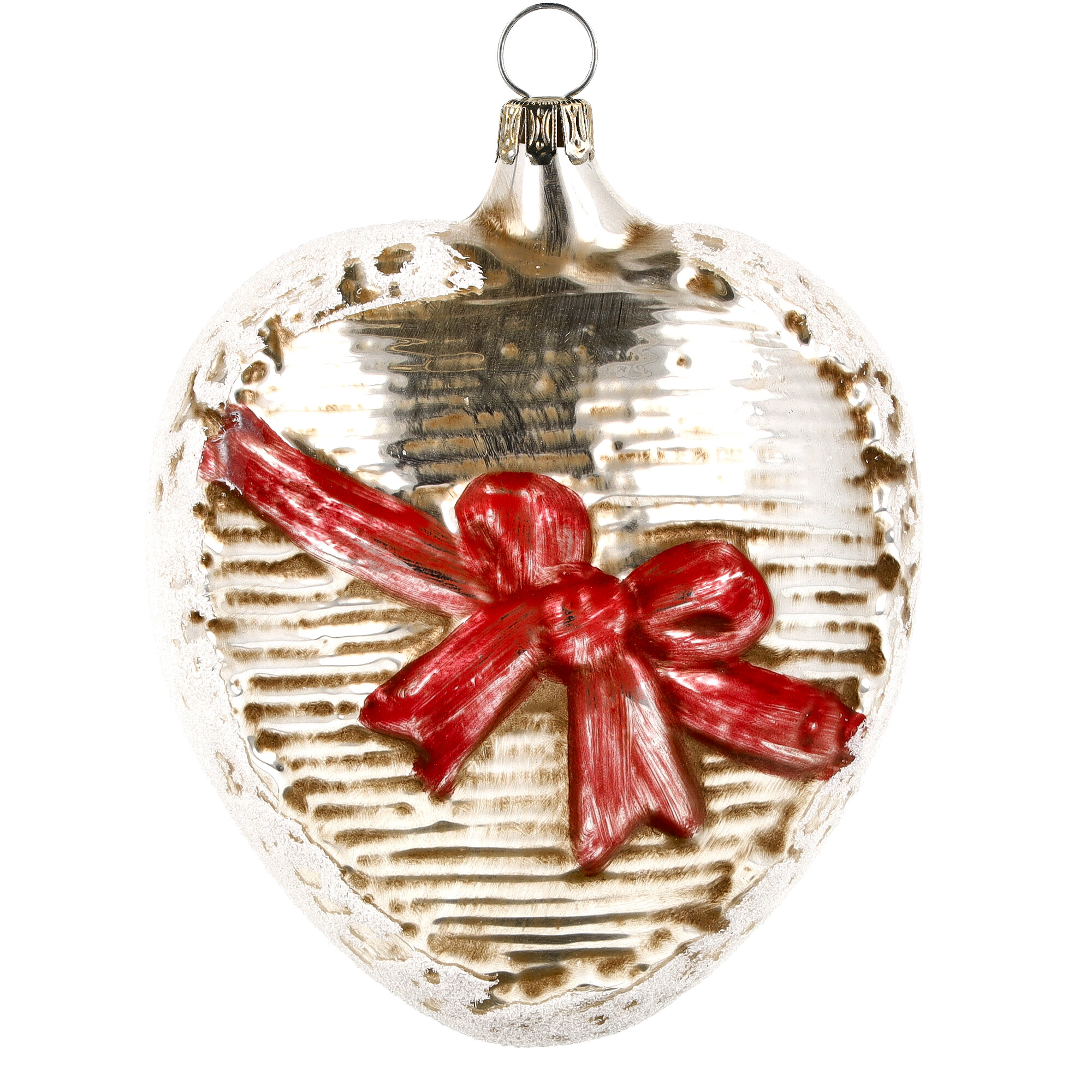 Retro Vintage style Christmas Glass Ornament - Large Heart with red ribbon