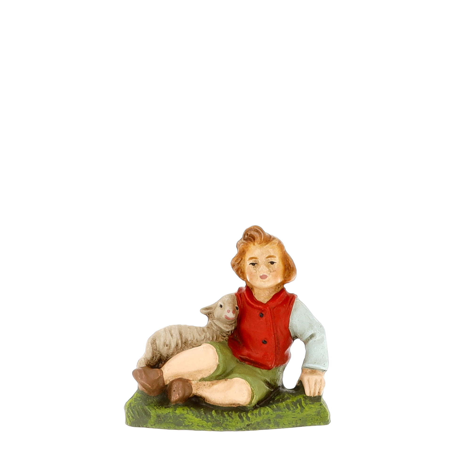 Sitting shepherd with sheep, to 3.5 in. figures