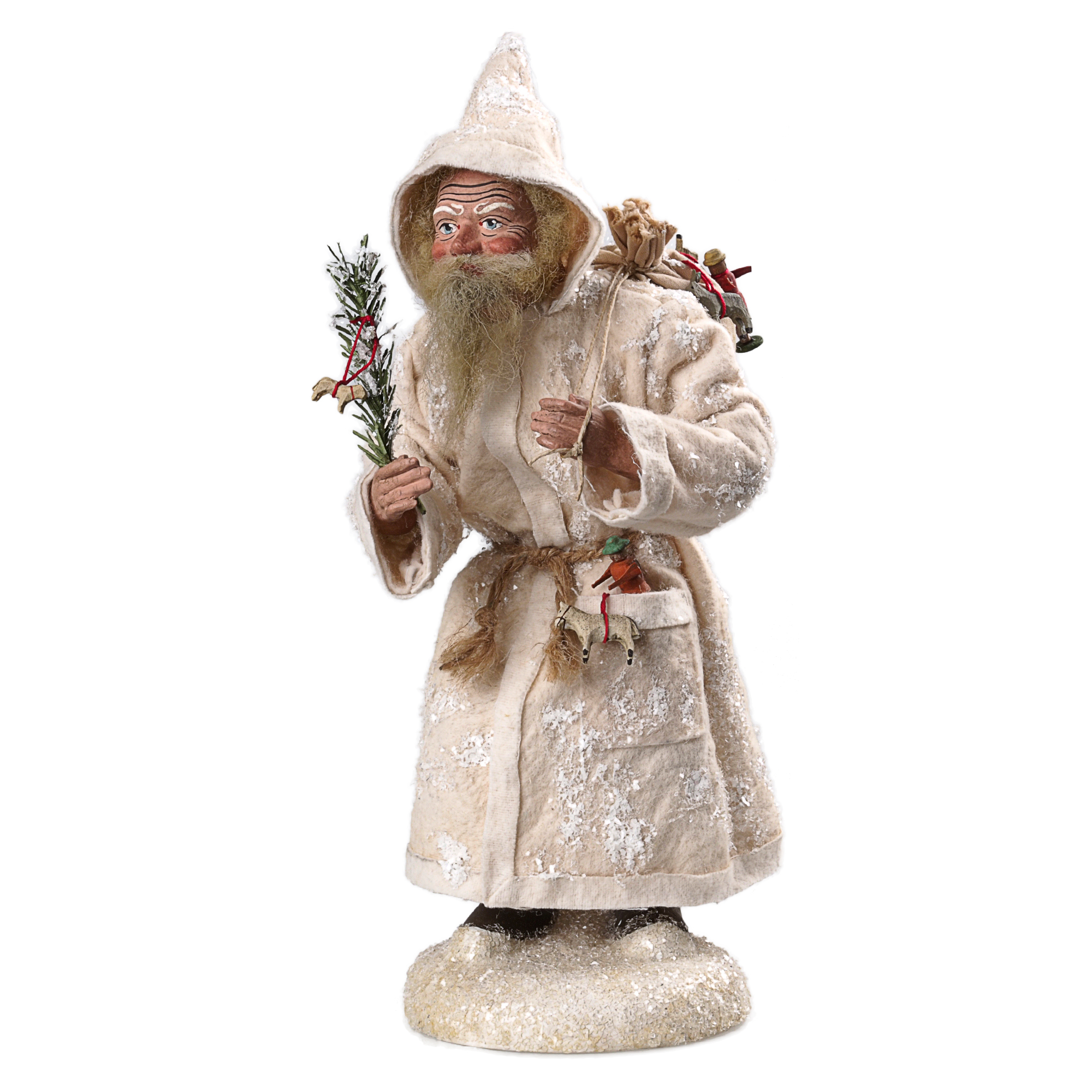 Dressed Santa with a white felt coat