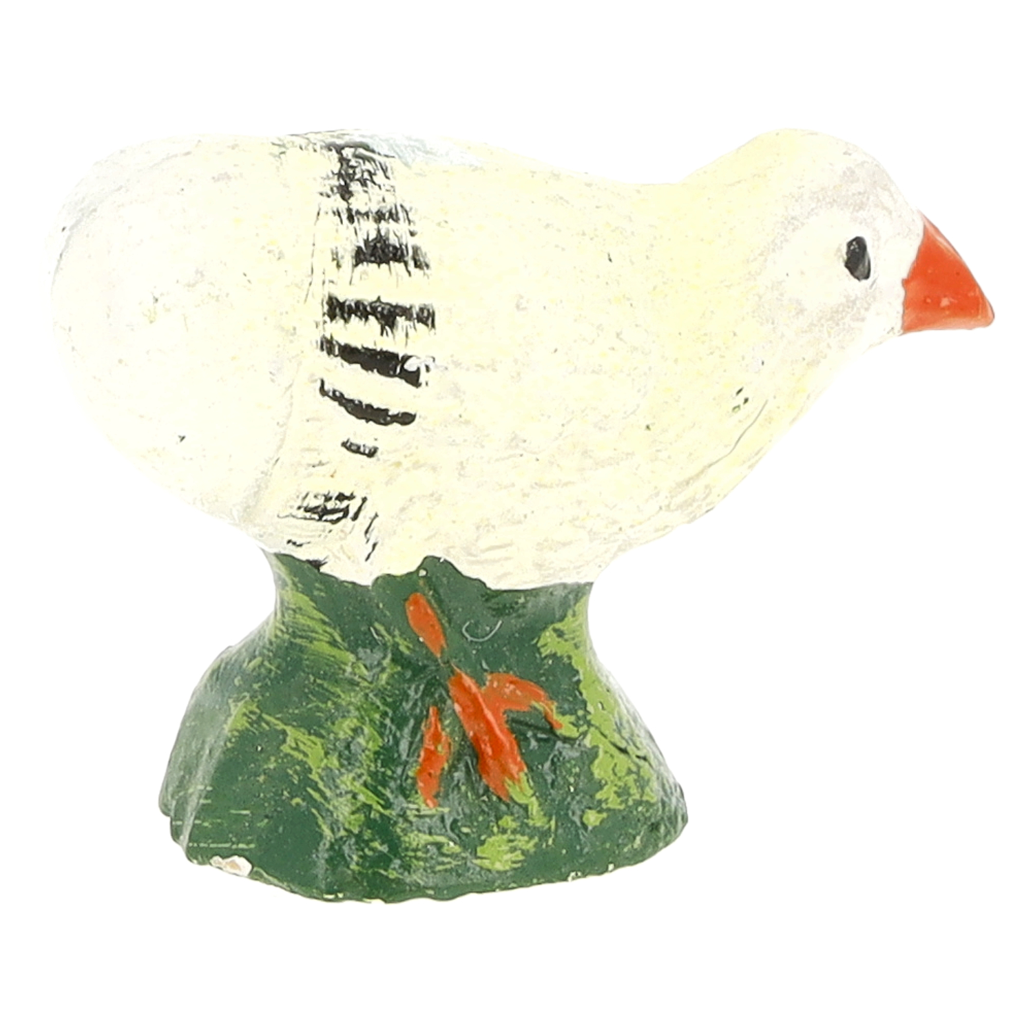 Kleine, handbemalte Huhn-Dekofigur in Weiß mit orangefarbenem Schnabel, stehend auf grünem Sockel – ideal als Wohnaccessoire