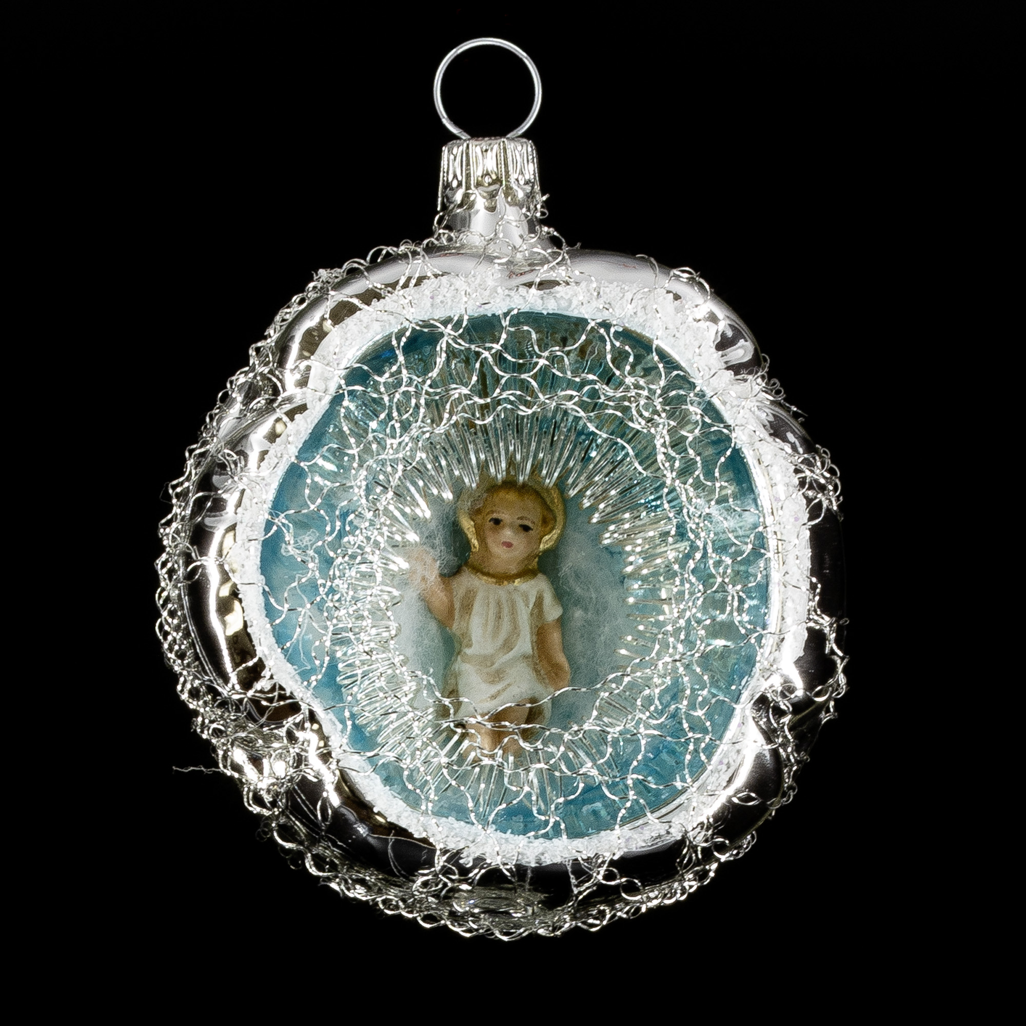 Ornament with Hollow, MAROLIN® - Baby Jesus and lyonese wire, silver