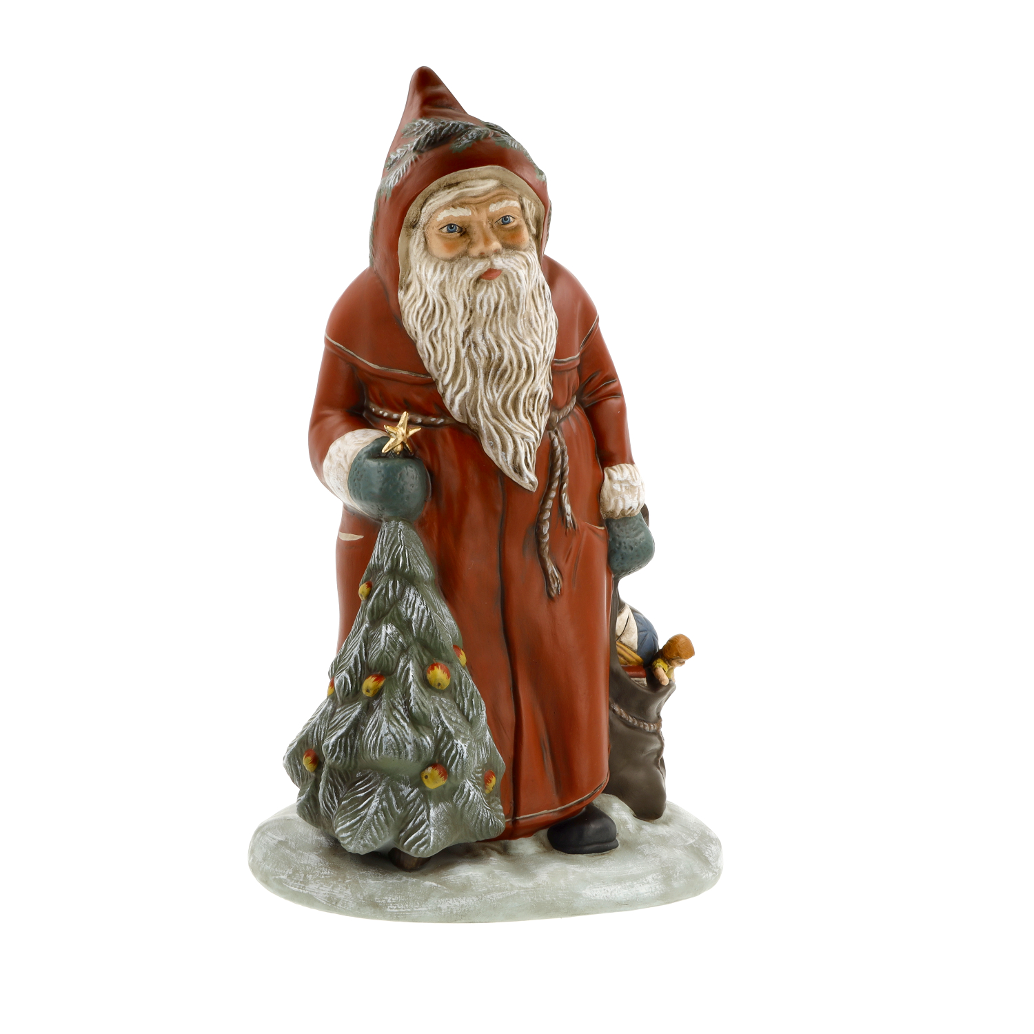 Santa Claus with Christmas tree and sack, deep red, in wooden box