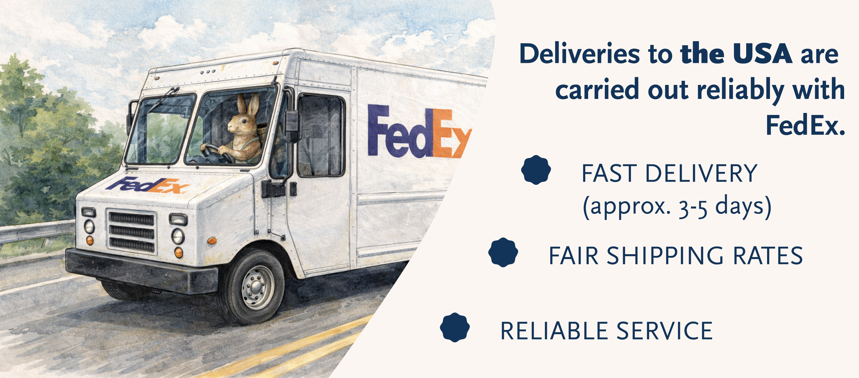 Illustration of a FedEx delivery van on the road; USA shipping with fast delivery (approx. 3–5 days), fair rates and reliable service