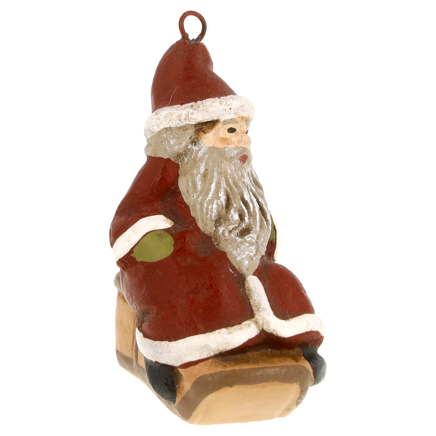 Handbemalter Weihnachtsbaumschmuck: Nikolausfigur in Rot auf Schlitten mit Aufhängeöse – festliche Deko für den Tannenbaum